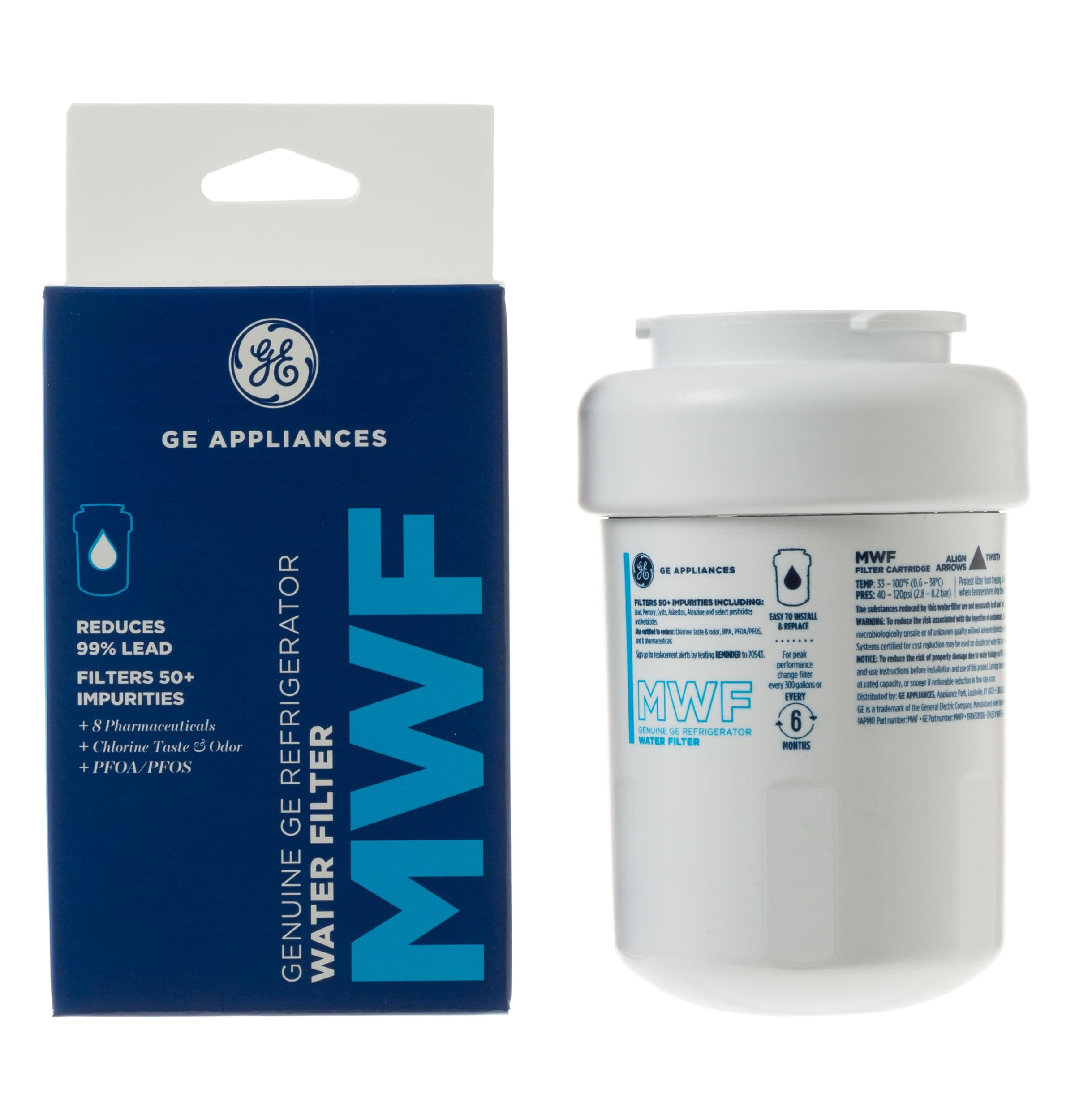 GE MWF Refrigerator Water Filter, Genuine Replacement Filter, Certified to Reduce Lead, Sulfur, and 50+ Other Impurities, Replace Every 6 Months for Best Results, Pack of 1