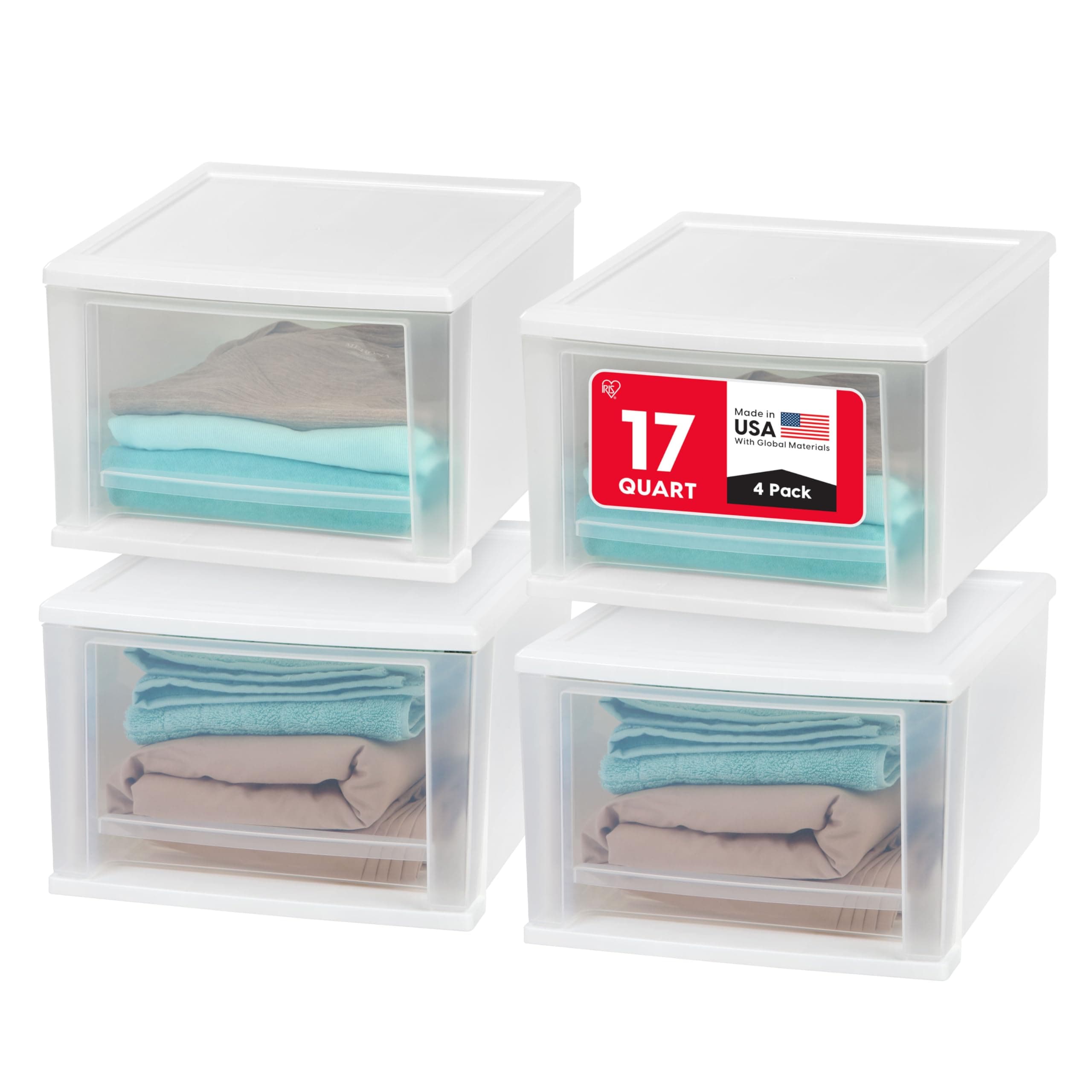 IRIS USA 17 Qt. Plastic Drawer Storage Organizer Stacking Drawers, 4-Pack, Stackable Unit with Sliding Drawer for Clothes Bedroom Kitchen Under Sink Pantry Craft Room Bathroom Dorm Office, White