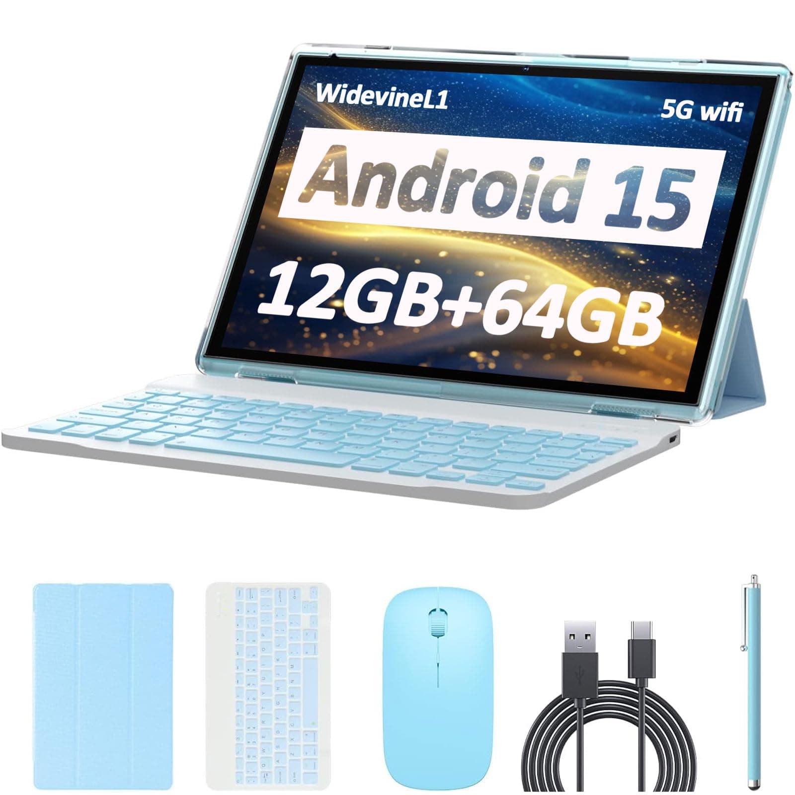 Android 15 Tablet, 10 inch 12GB RAM+64GB ROM/1TB (Max), 2 in 1 Tablets with Keyboard Case Mouse Stylus, 1.8GHz Quad-core Processor, 1280*800 IPS HD Touch Screen, 8MP Camera, 5G Wi-Fi 6 BT 5.0 Tablet
