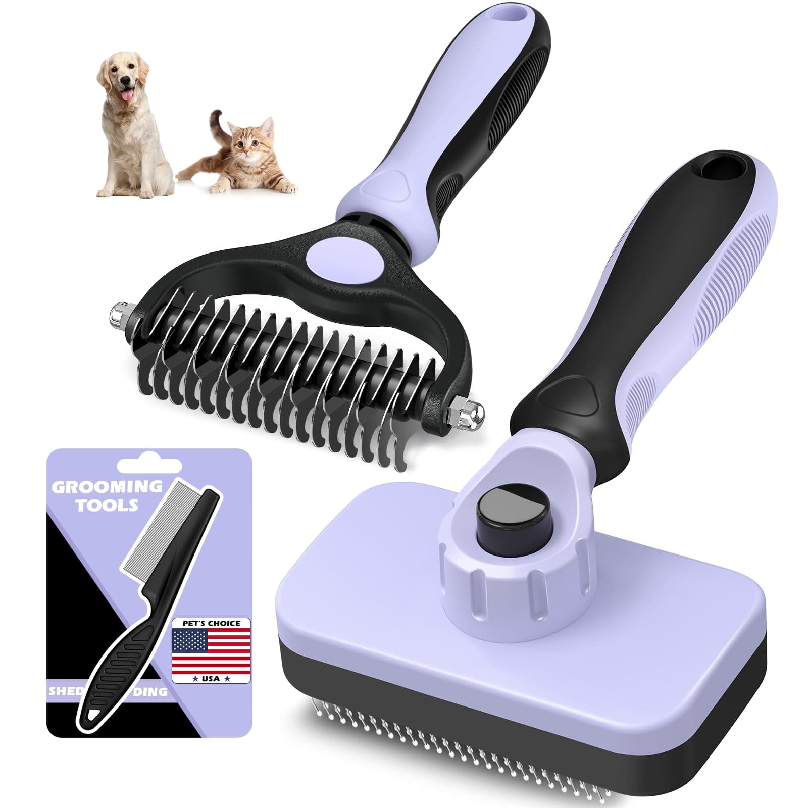 3PCS Self Cleaning Slicker Brush & Pet Grooming Rake & Flea Comb for Dogs,Cats and Horses | Double-Sided Dematting Comb & Skin Friendly Deshedding Grooming Tool | Pet Supplies(Light Purple)