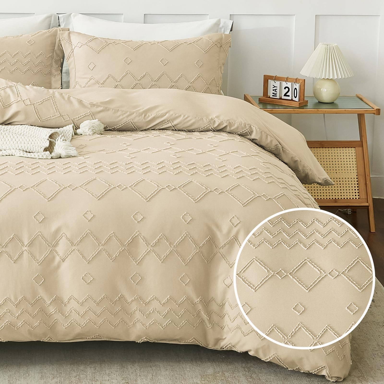 EMME Boho Duvet Cover Set - Tufted Comforter Set with Boho Embroidery, All-Season Bedding for Twin, 1 Duvet + 1 Pillowcase (Beige)