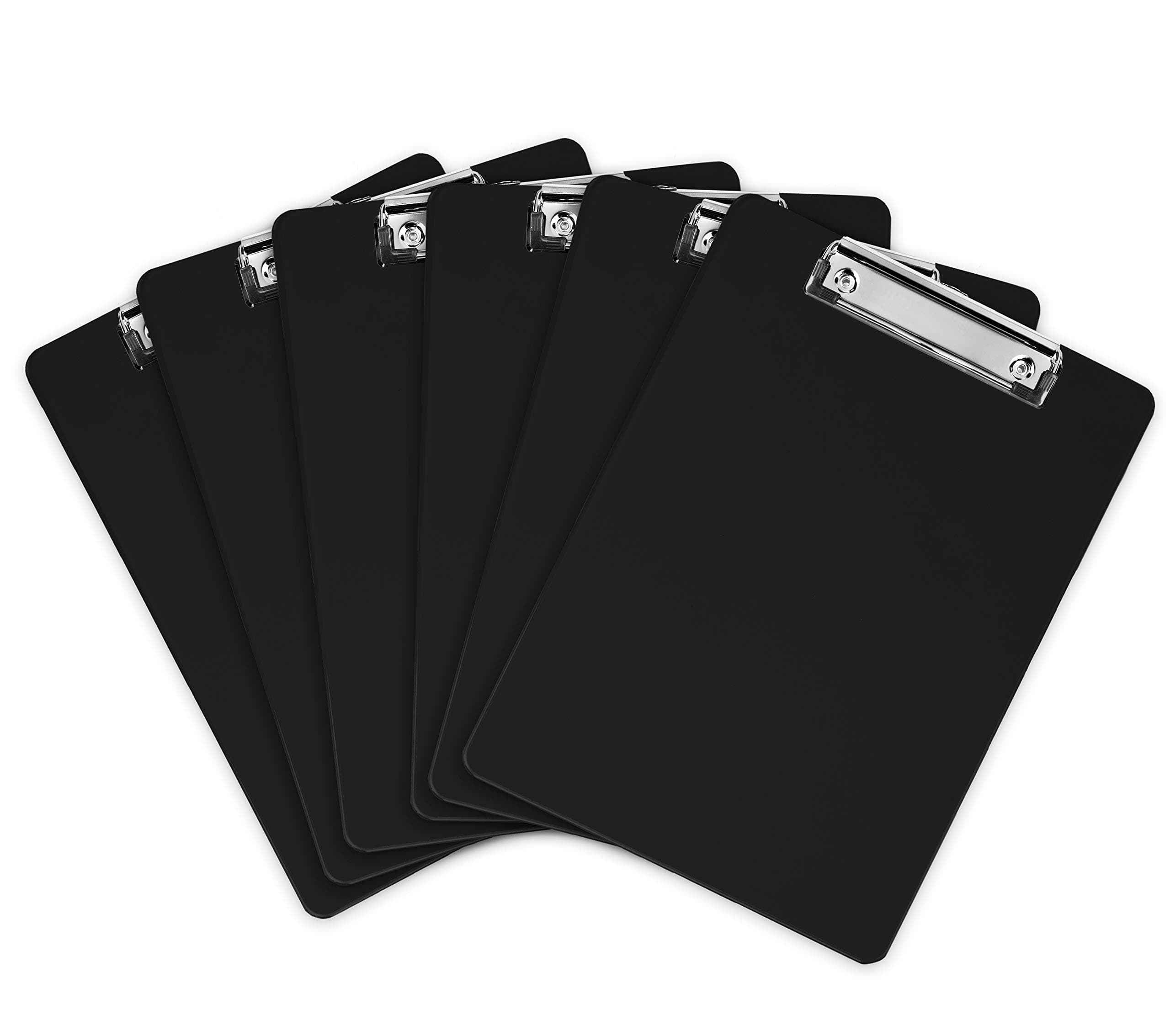 Black Plastic Clipboards (Set of 6) Multipack - 12.5x9 Inch Clipboard Holds 100 Sheets, Low Profile | Colored Acrylic Clip Boards in Bulk for Kids & Professionals