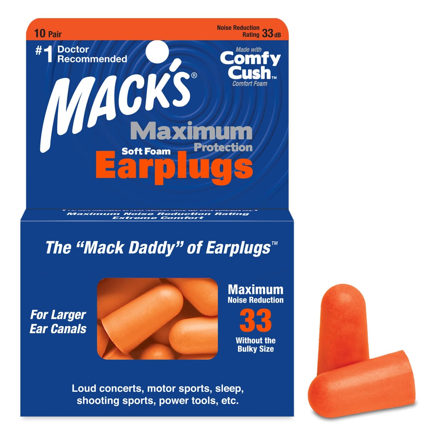 Maximum Protection Soft Foam Earplugs – 10 Pair, 33 dB Highest NRR – Comfortable Ear Plugs for Sleeping, Snoring, Loud Concerts, Motorcycles and Power Tools | Made in USA