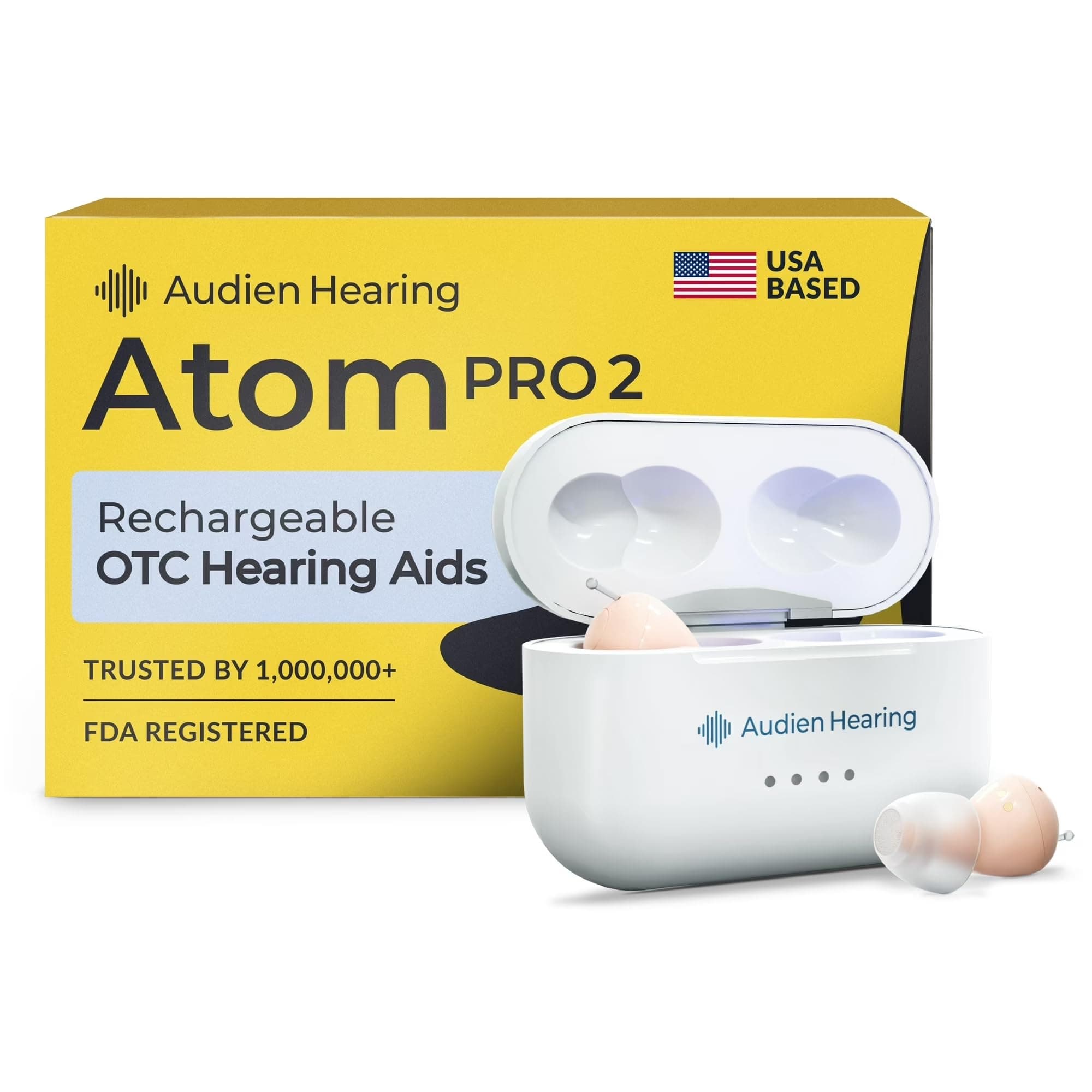 Audien Atom Pro 2 Hearing Aid - Wireless Rechargeable OTC Hearing Aids for Seniors & Adults, Nearly Invisible, Premium Comfort Design