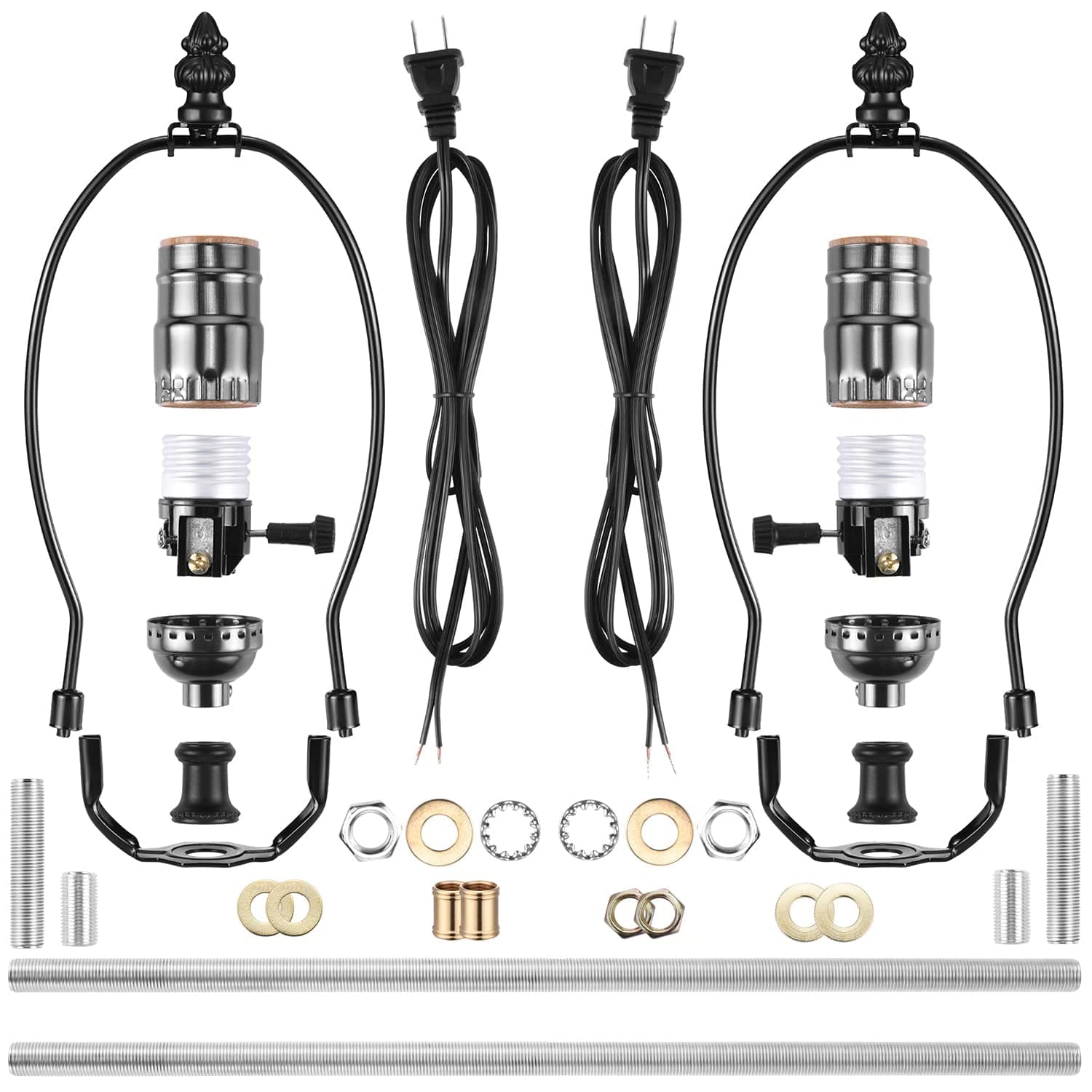 Canomo 2 Sets Lamp Making Kit Lamp Wiring Kit with 8 Inch Harp, 2 Pieces 12" Lamp Pipe, and All Parts Needed and Instructions for DIY Lamp Design or Repair, Black