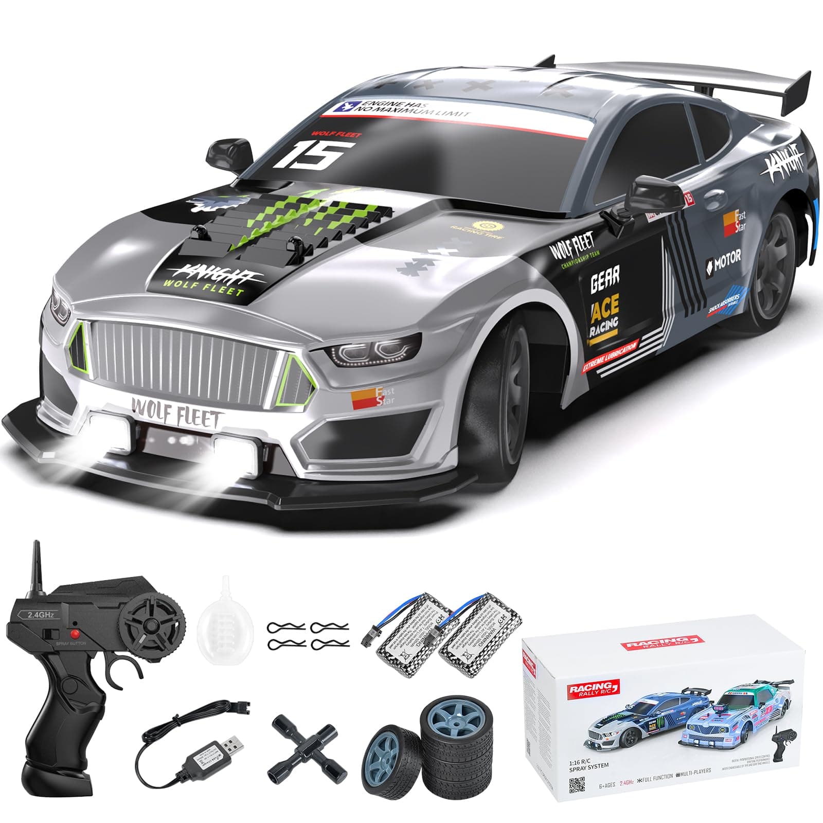 Dollox Remote Control Car 1/16 Scale RC Drift Car 2.4GHz 4WD High Speed 18+KM/H Vehicle with LED Lights and Spray, Extra Drifting Tires Racing Vehicle Toys Birthday Gifts for Adults Boys, 2 Batteries