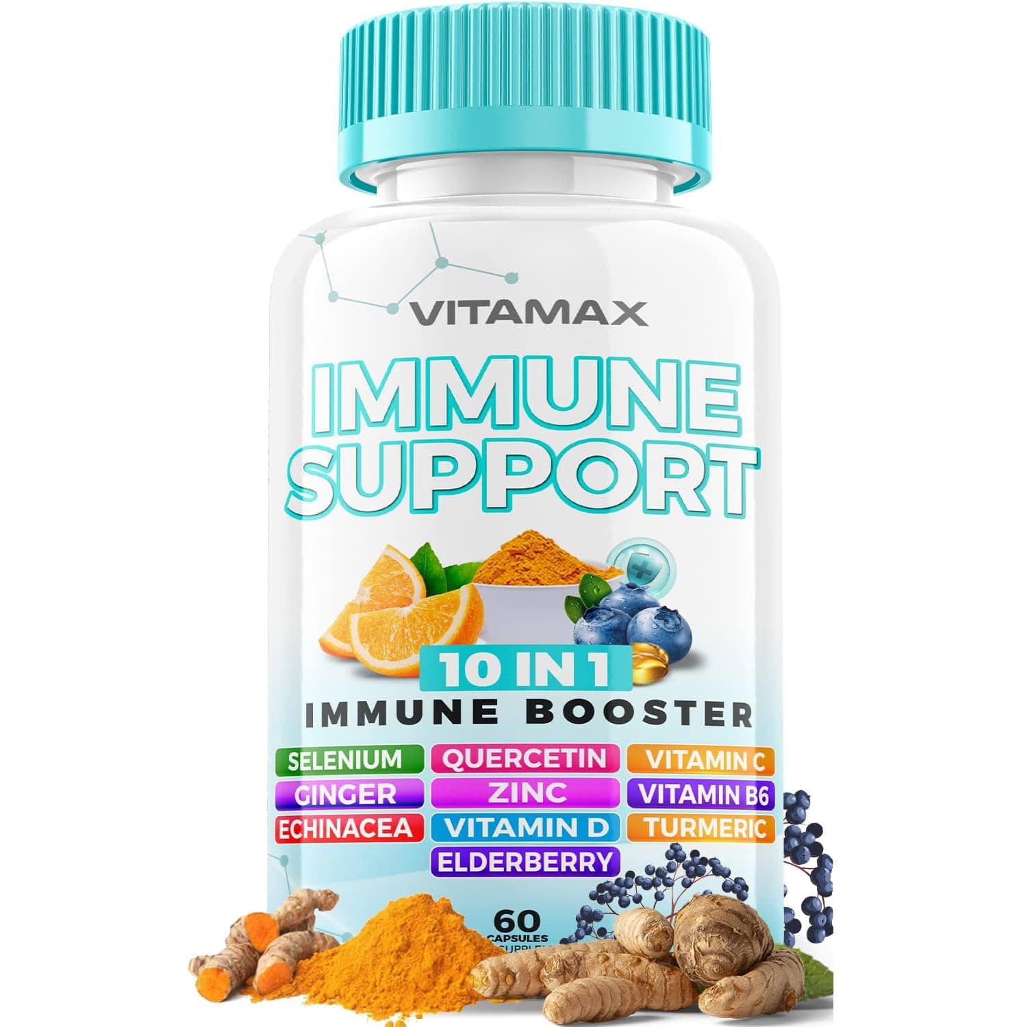 10-in-1 Immune System Support Booster with Elderberry, D3, Selenium, Quercetin, Zinc, Vitamin C, Ginger, Turmeric Curcumin, B6, Echinacea – Natural Immune Defense – Made in USA (60 Count (Pack of 1))
