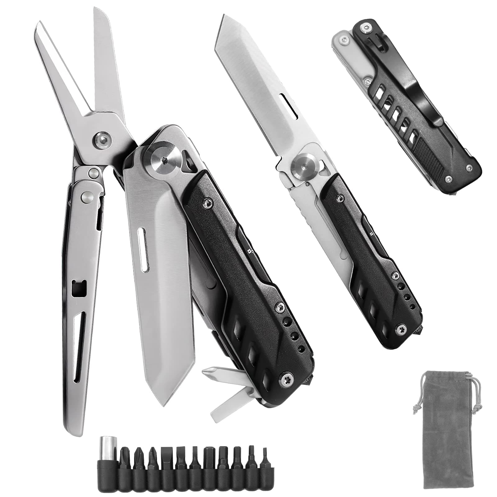 Multitool 5 in 1 Multifunctional Folding Pocket Knife, Folding Scissors, Detachable Stainless Steel Geometric Knife for Outdoor Camping Hiking (Extra 11 Screwdriver Bits)