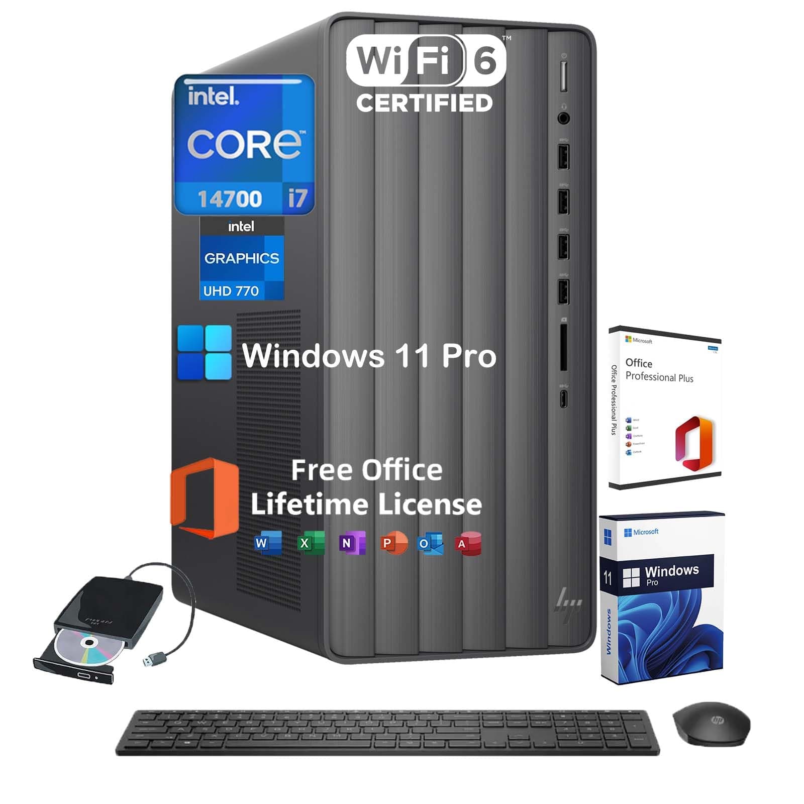 HP Envy Desktop PC Tower, Intel 20-Core i7-14700(Up to 5.4GHz), Office Lifetime, 64GB RAM, 1TB SSD, 2TB HDD, Windows 11 Pro, Intel UHD Graphics 770, External DVD Drive, Wi-Fi 6, W/Accessories