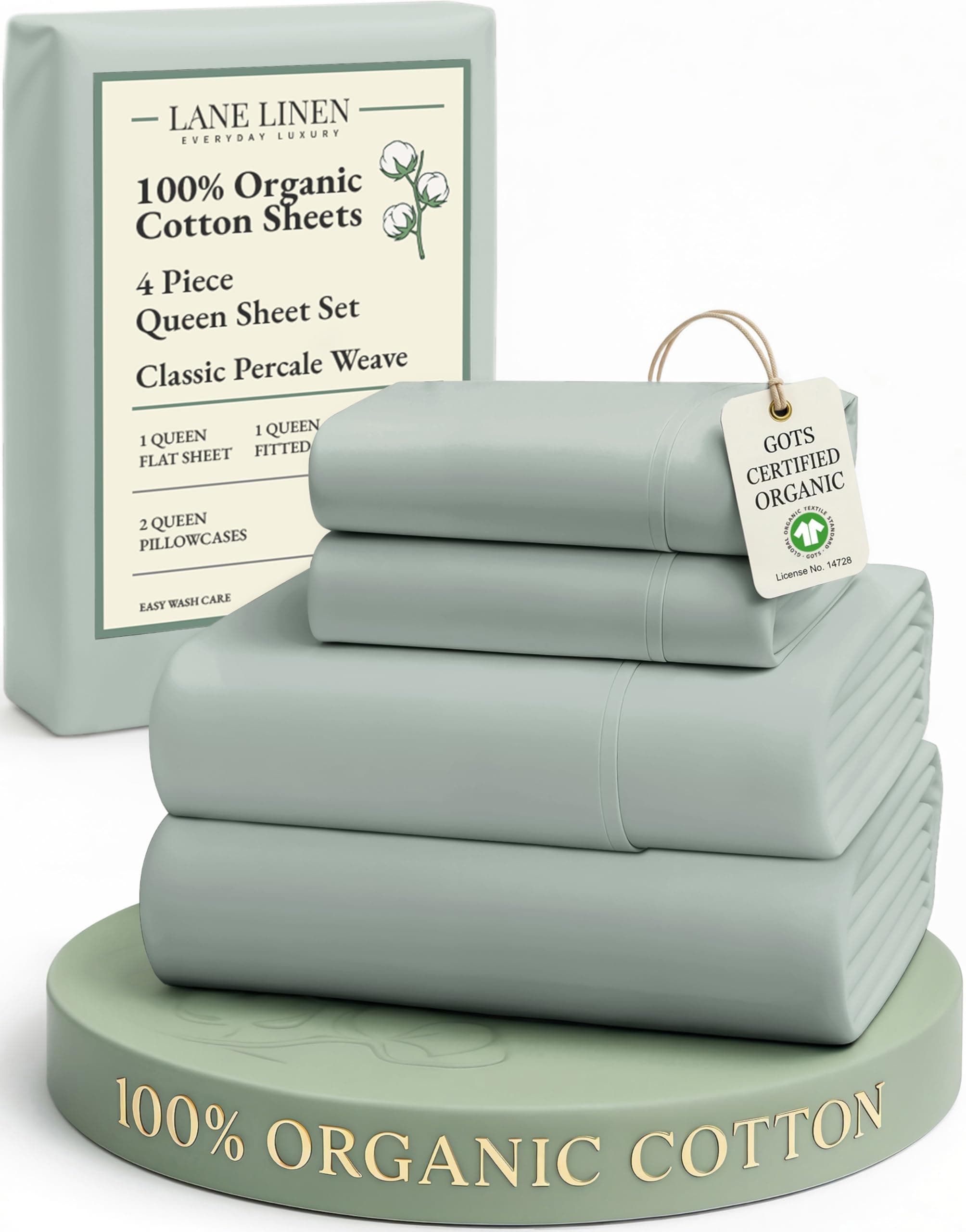 LANE LINEN 100% Organic Cotton Queen Sheets, Fully Elasticized Soft & Comfy Classic Percale Weave, Low Pill Fade Resistant Machine Washable Sheet & Pillowcase Sets, 15" Deep Pocket- Cool Blue