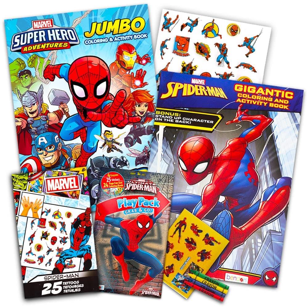 Marvel Spiderman Ultimate Coloring Book Set -- 3 Spiderman Activity Books with Spiderman Tattoos