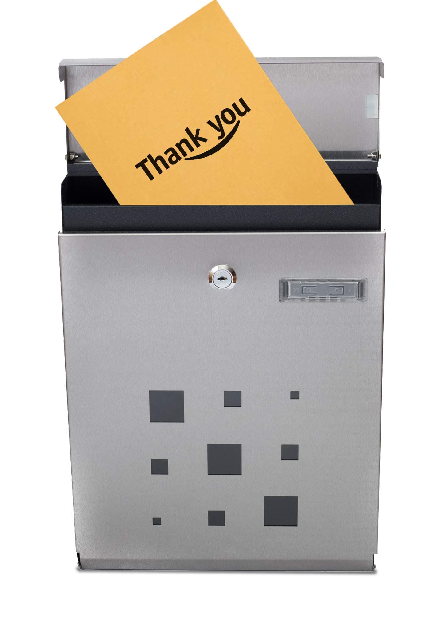 Modern Stainless Steel Mailbox - Vertical Wall Mount - Powder Coated Galvanized - Weather Proof - Lockable w/Spare Keys (Stainless Steel w/Black Trim)