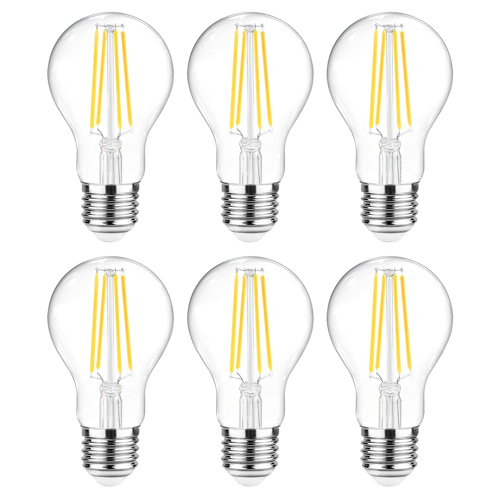 60 Watt Equivalent, E26 LED Filament Light Bulbs, Daylight White 4000K, Non-Dimmable, Classic Clear Glass, A19 LED Light Bulb with 80 CRI, Pack of 6