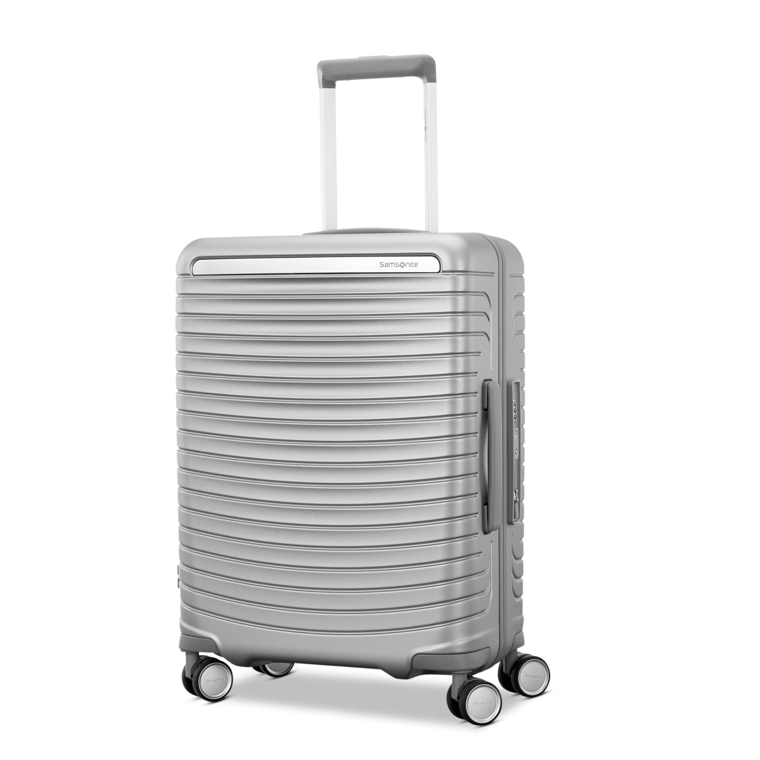 Framelock Max 21” Carry-On Hardshell Zipperless Luggage - Highly Secure Integrated Eazylock™ Mechanism - RightHeight™ Adjustable Handle System - 360° Spinner Wheels - Airline Approved - Glacial Silver