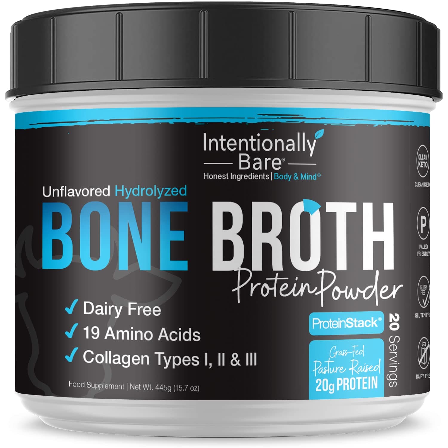 Bone Broth Protein Powder Unflavored - Grass Fed Protein Powder with Multi Collagen Peptides Type 1 2 and 3 - Dairy Free Bone Broth Powder for Skin, Gut and Joint - 20 Servings
