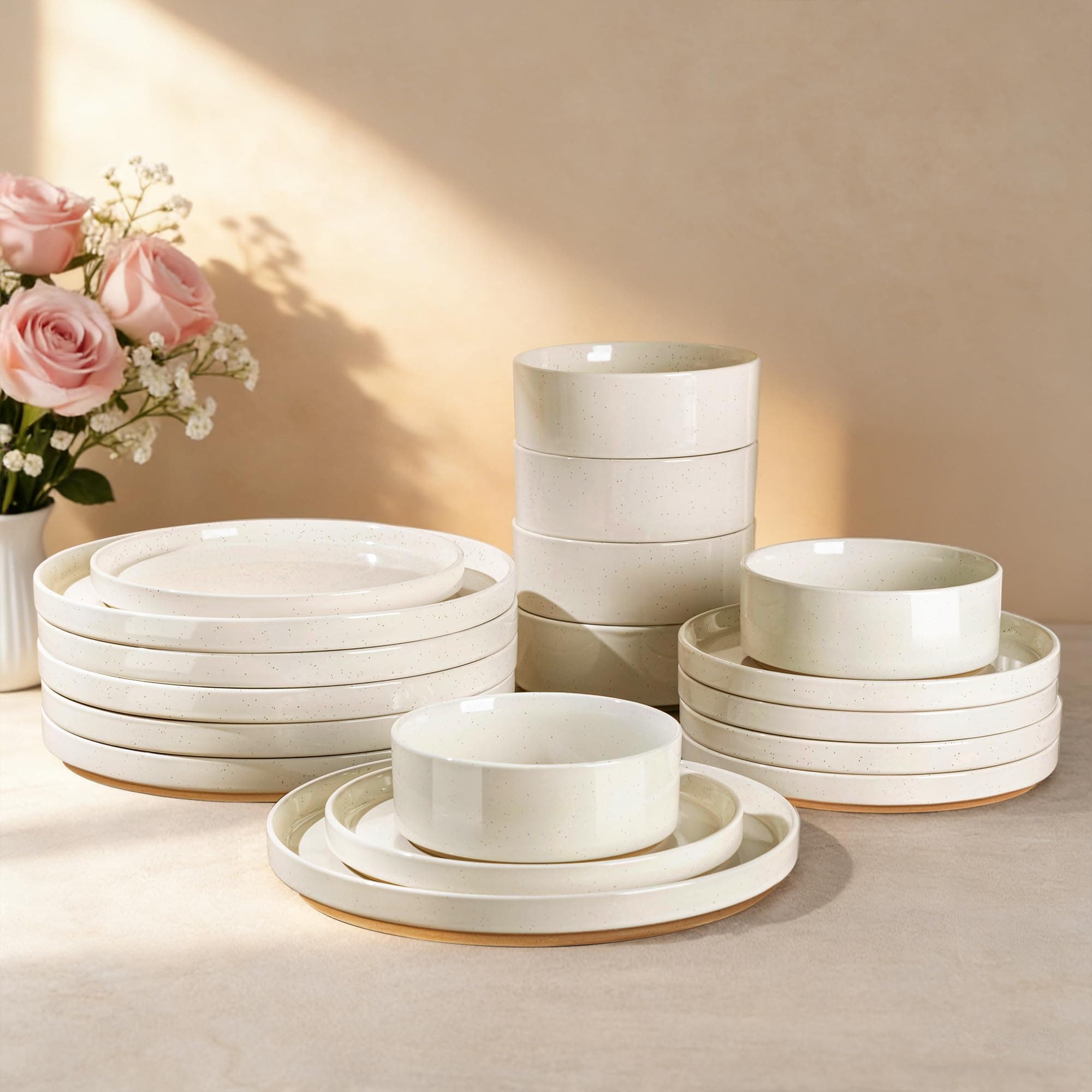 AmorArc Ceramic Dinnerware Set for 8 | Speckled Stoneware Plates and Bowls with Rustic Terracotta Underside| Scratch Resistant,Dishwasher & Microwave Safe Dishes Sets- 24pcs