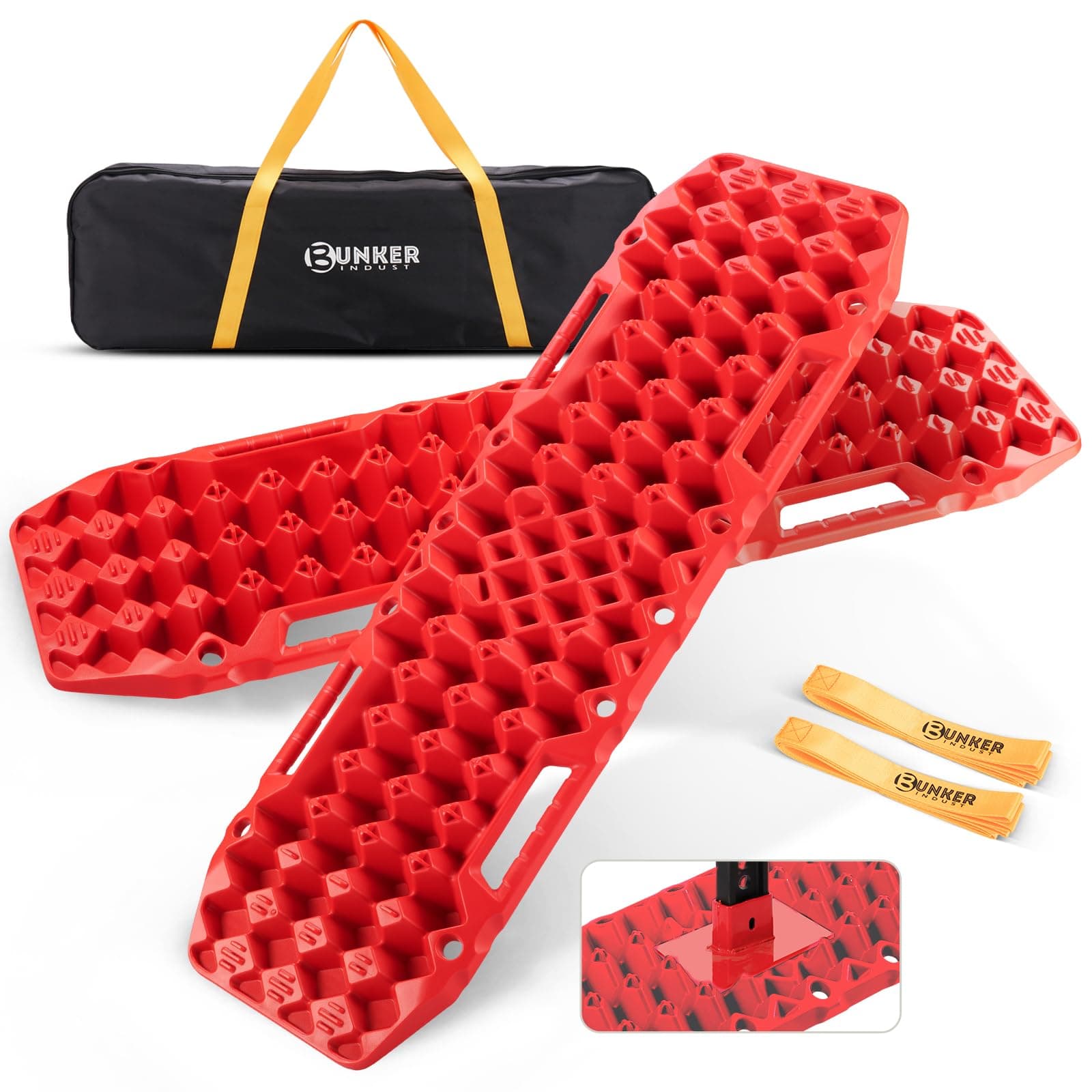 BUNKER INDUST Off-Road Traction Boards with Jack Base,Pair Recovery Track 4X4 Jeep Truck Emergency Tire Traction Mat with Bag -Sand, Mud, Snow Tracks Red Traction Pad (Gen 7th)