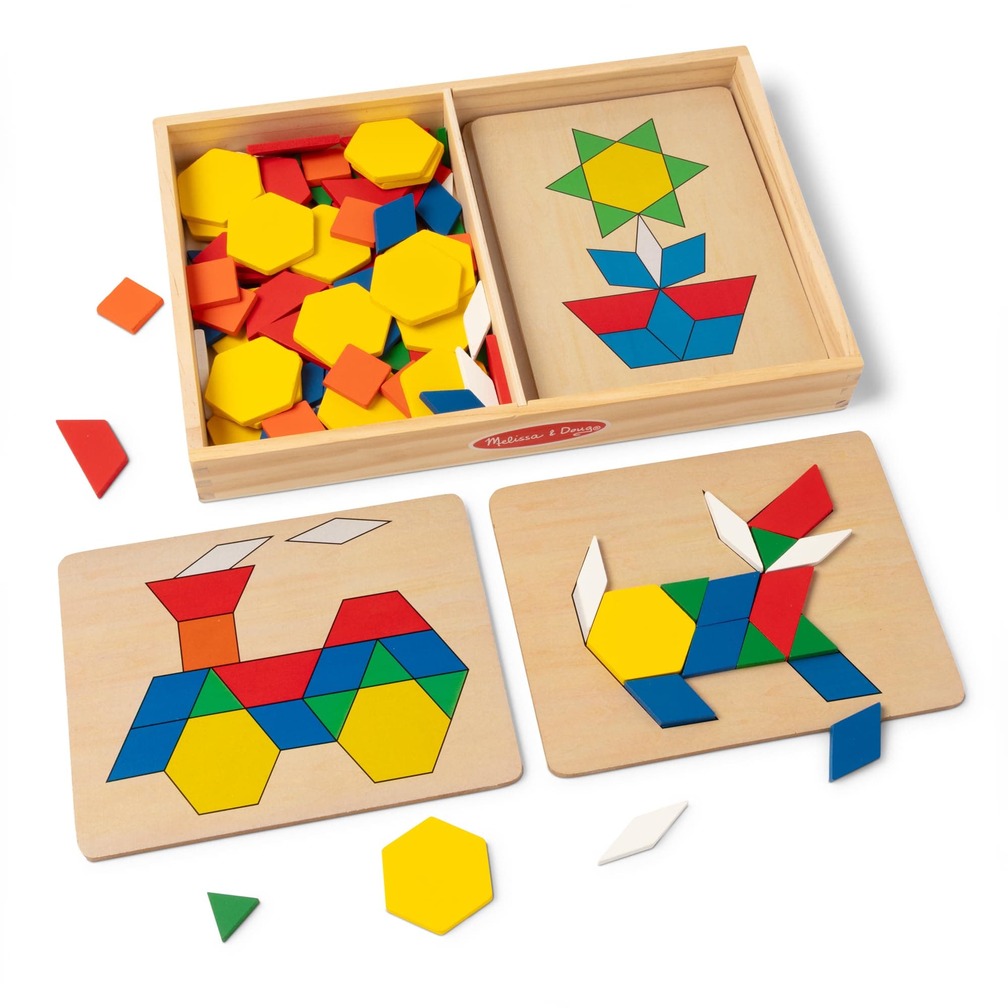 Melissa & Doug Pattern Blocks and Boards - Classic Toy With 120 Solid Wood Shapes and 5 Double-Sided Panels, Multi-coloured - STEAM Toy, Tangrams Puzzle For Kids Ages 3+