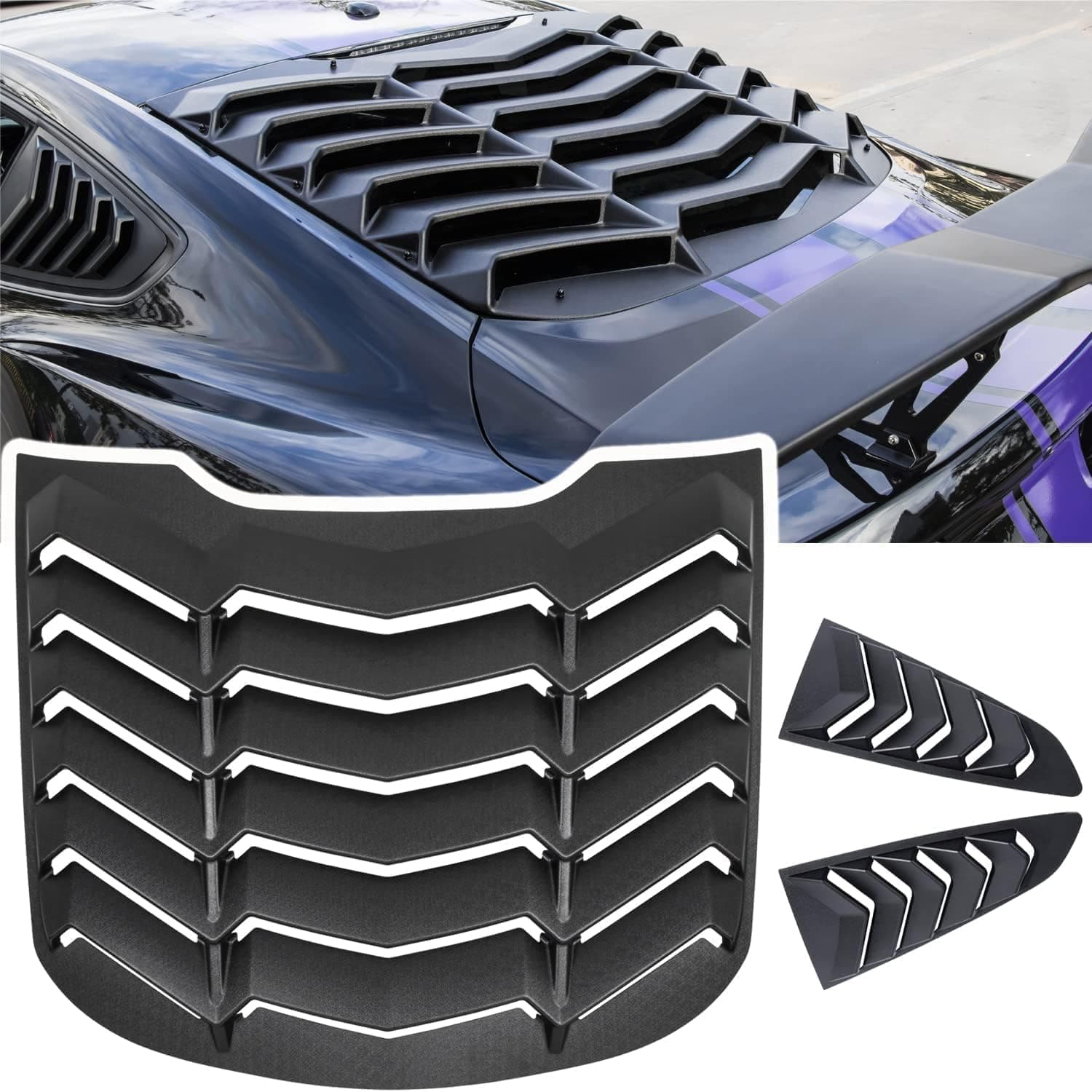 Rear + Side Window Louvers for Ford Mustang 2015 2016 2017 2018 2019 2020 2021 2022 2023 Windshield Sun Shade Rain Cover GT Lambo Style ABS (Matte Black)