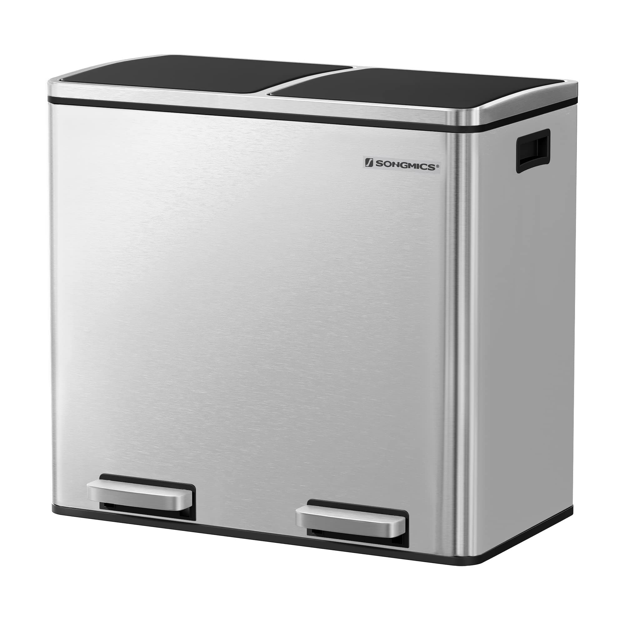 SONGMICS LTB48NL 2 Compartment Pedal Bin for Kitchen 2 x 24 L Soft Close Plastic Inner Bucket with Foot Pedals and Handles Silver LTB48NL, 65 x 62.5 x 42 cm