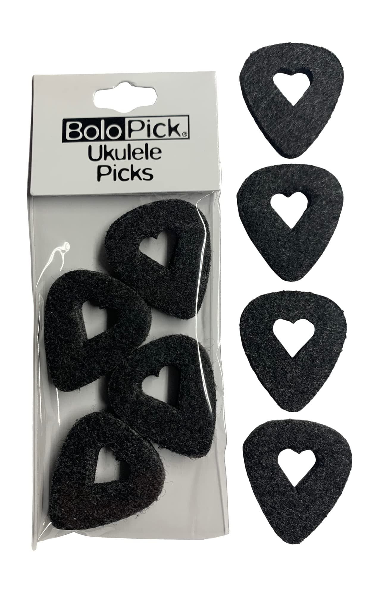 Ukulele Picks, Bolopick 8 Pack Felt Uke Pick with Easy Grip Heart Cut-out, for Ukulele, Guitar, Bass, Autoharp, and Banjo (Z Black Heart 8 Pack)