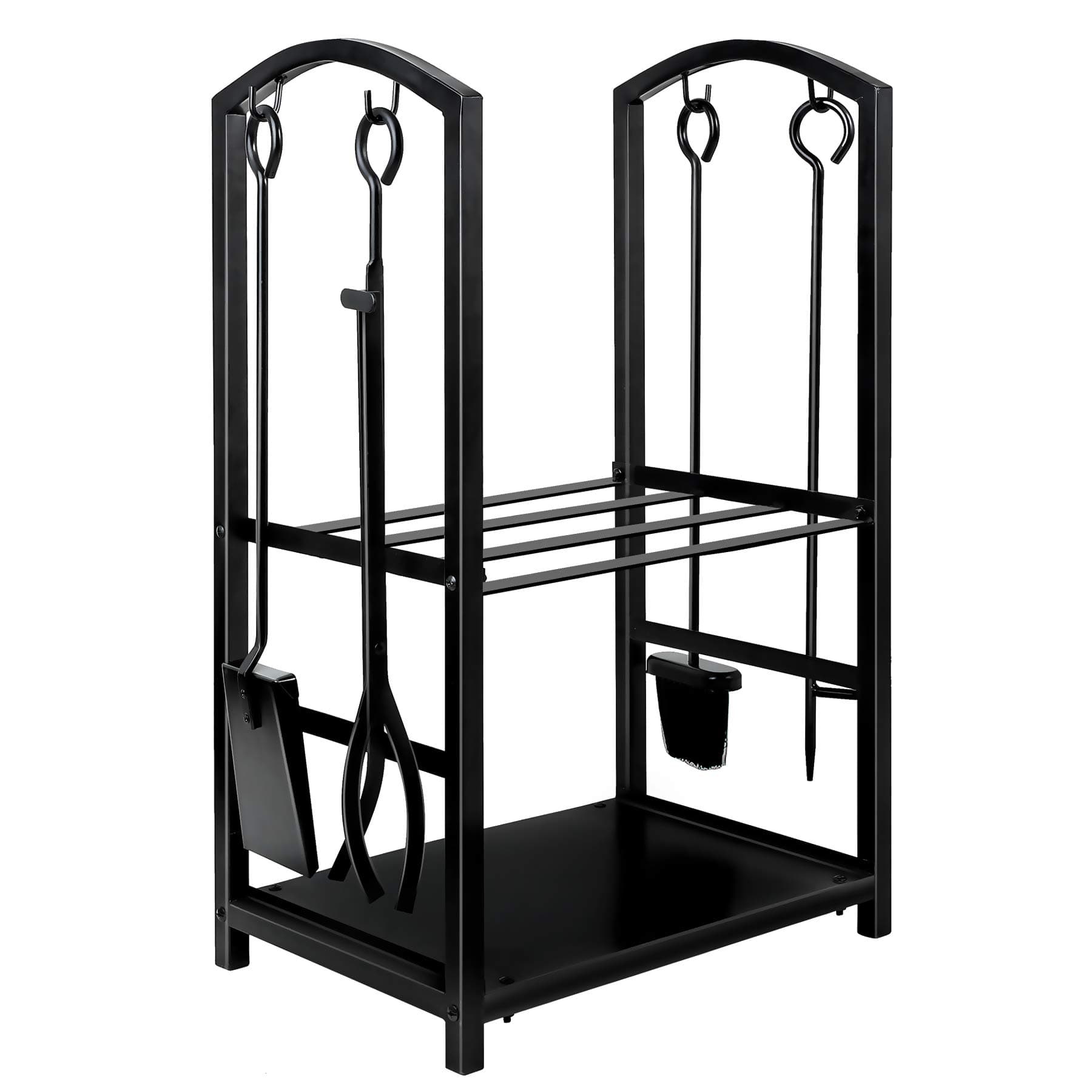 WBHome Firewood Rack with 4 Tools - Iron Fire Log Holder Storage Set Includes Brush, Shovel, Poker, and Tongs, 17 x 29 x 12 inches, for Indoor/Outdoor