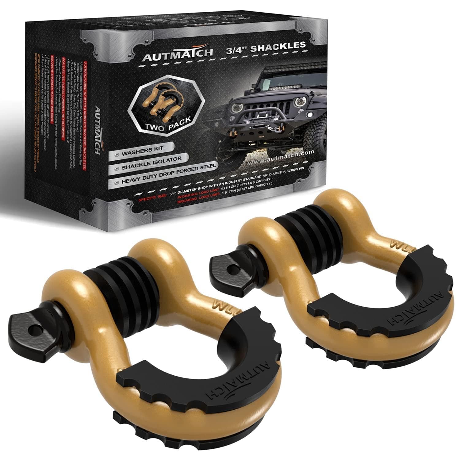 AUTMATCH D Ring Shackles 3/4" (2 Pack) Breaking Strength Approximately 19 Tons with 7/8" Screw Pin, Shackle Isolator and Washers for Tow Strap, Winch, Off-Road Vehicle Recovery 1.90cm (3/4 Inch