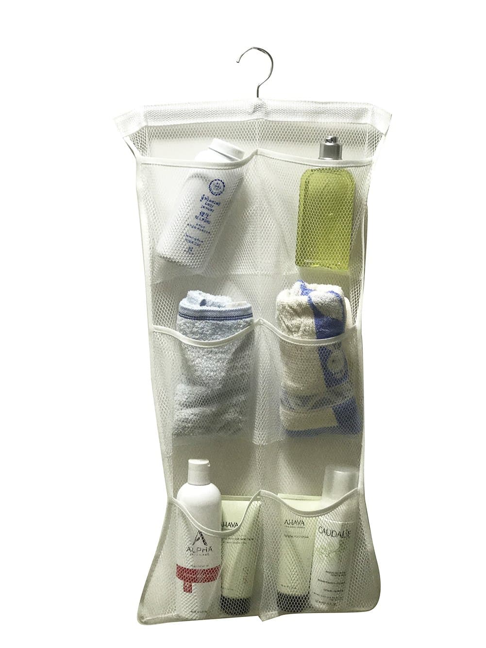 Quick Dry Bath Shower Organizer Caddy with 6-pocket, Hanger Style,Hanging on Shower Curtain Rod / Hooks /Shower Arm Support ,Bathroom Accessories, Save Space (3 Colours Available) (White)