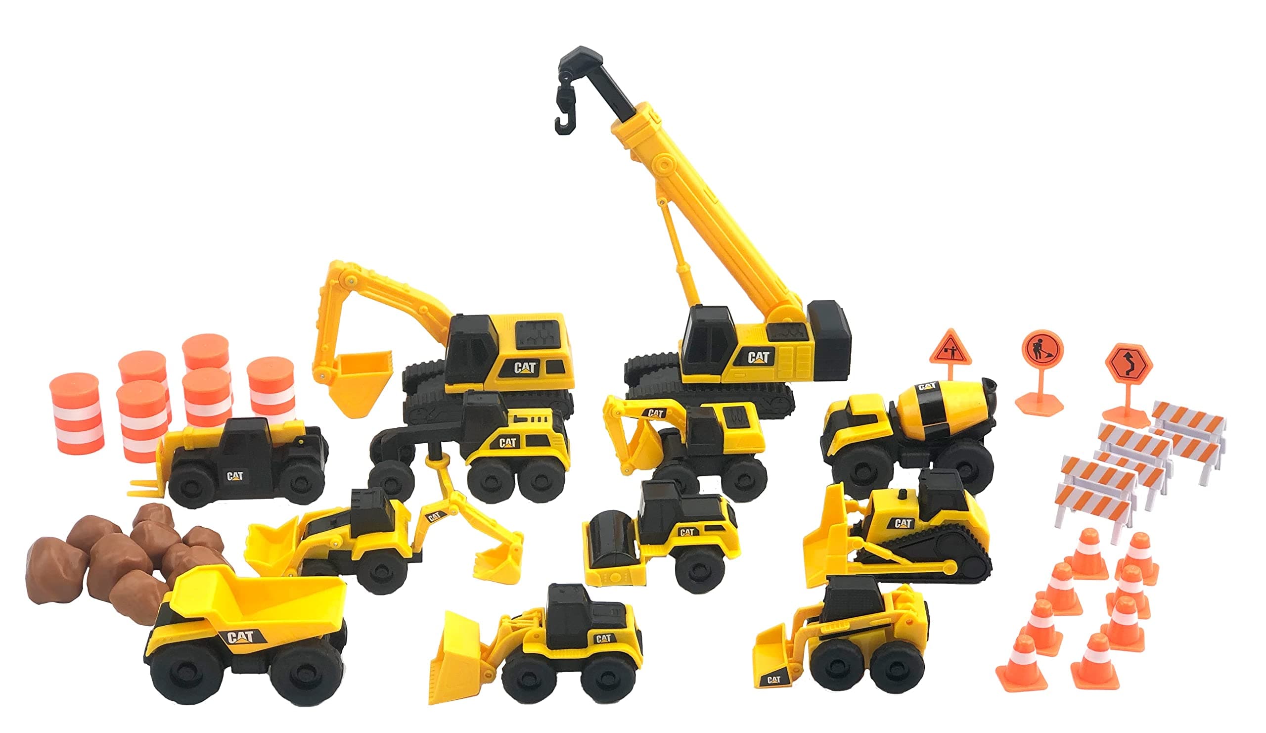 CAT® Construction Little Machines Mega Set I With 40 pieces I includes vehicles, crane, road signs, cones, boulders and barrels I For kids ages 3+, Yellow