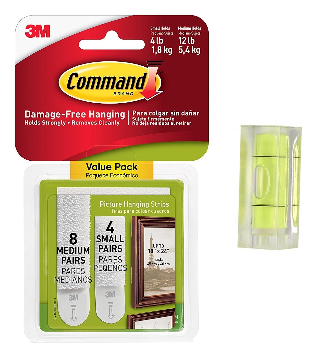 Baby Galore Command Picture Hanging Strips Variety Value Pack, 4-Small and 8-Medium Pairs (17203-ES) With Bubble Level Measuring Tool