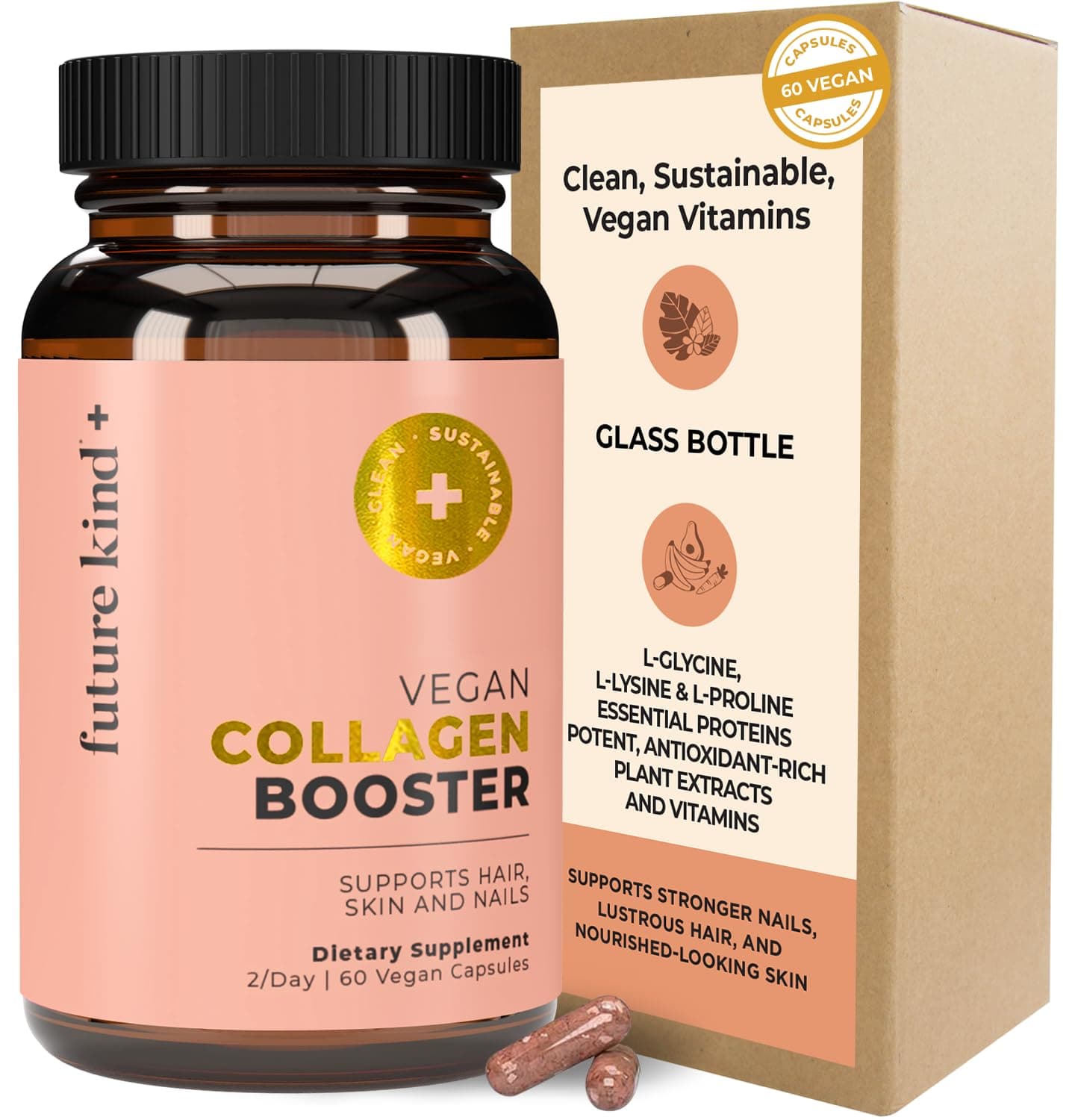 - Vegan Collagen - Supports Collagen Production with Biotin and Vitamin C (60 Capsules in Glass Bottle)