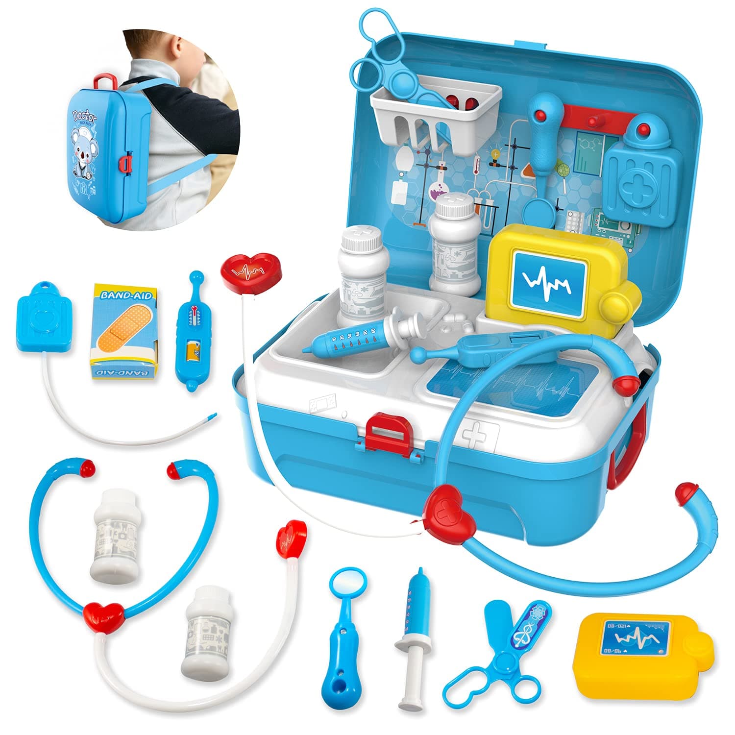 TOYVENTURESBack Pack Kit Carry Case Role Play Set Gift Educational Toy 17 Pcs Age 3 Years and Up (Doctor Set)