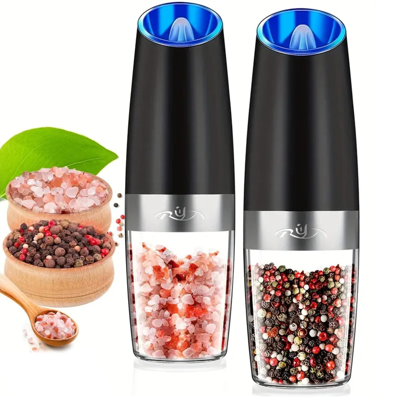 Gravity Electric Salt and Pepper Grinder Set, Automatic and Battery-Operated with Adjustable Coarseness, LED Light, One Hand Operated By Rongyuxuan