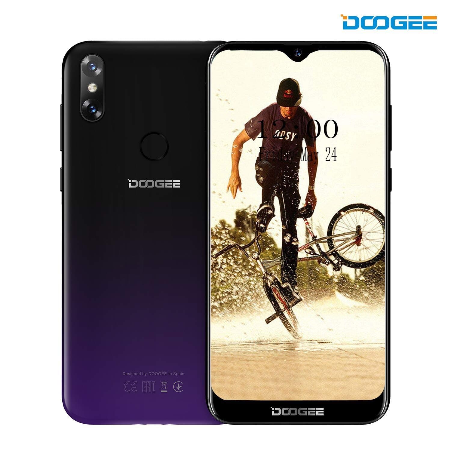 Doogee Y8 - Android 9.0 4G LTE Smartphone 6.1"FHD 19:9 Display Waterdrop Screen 3400mAh MTK6739 Quad Core 3GB RAM 16GB ROM Fingerprint Unlock Dual SIM Cards Standby Mobile Phone (Purple)