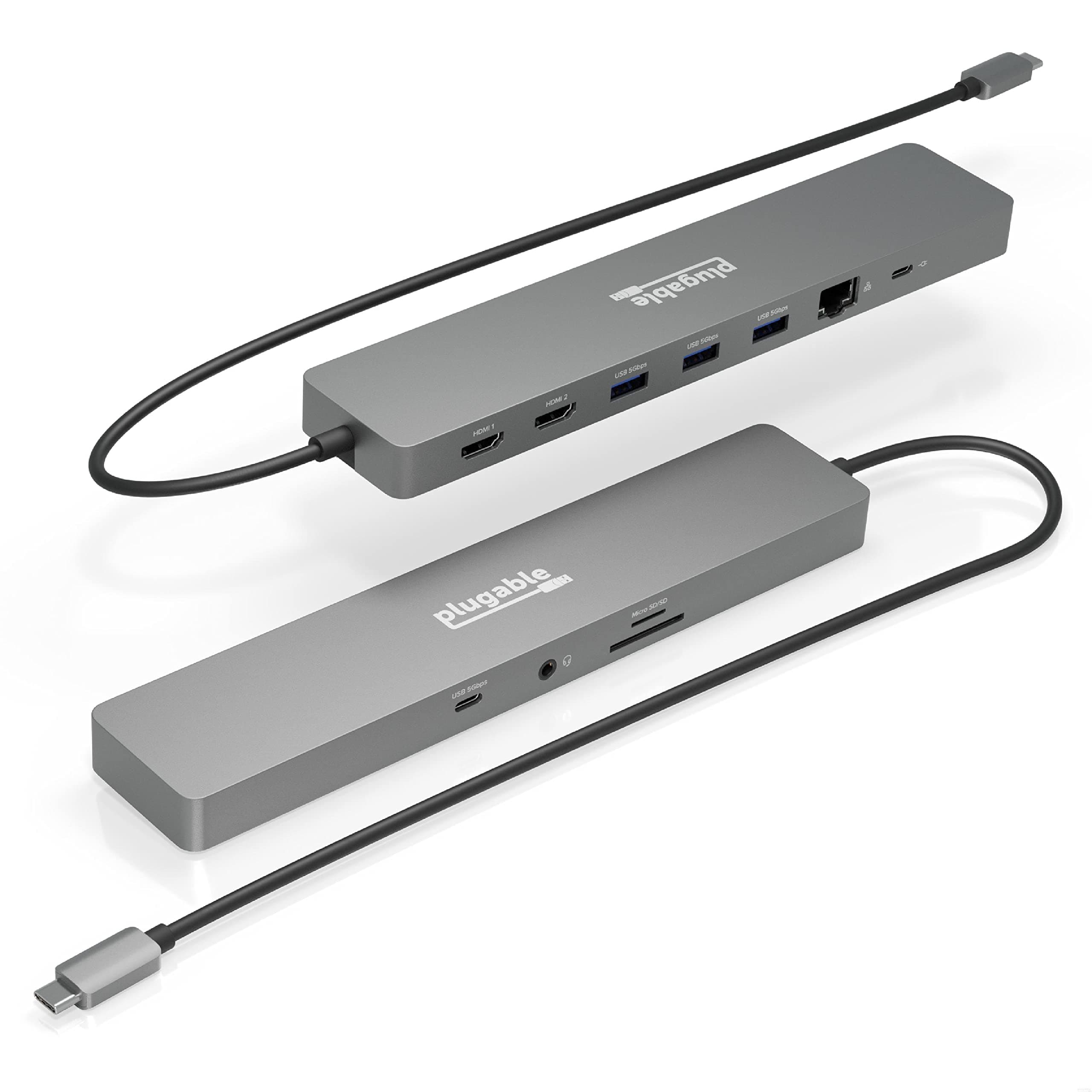 Plugable 11-in-1 USB-C Hub, 100W USB-C Pass-through, Laptop Docking Station Dual Monitor, 4K 60Hz HDMI, Compatible with Thunderbolt, Windows, Chromebooks, Displays Mirrored on Mac