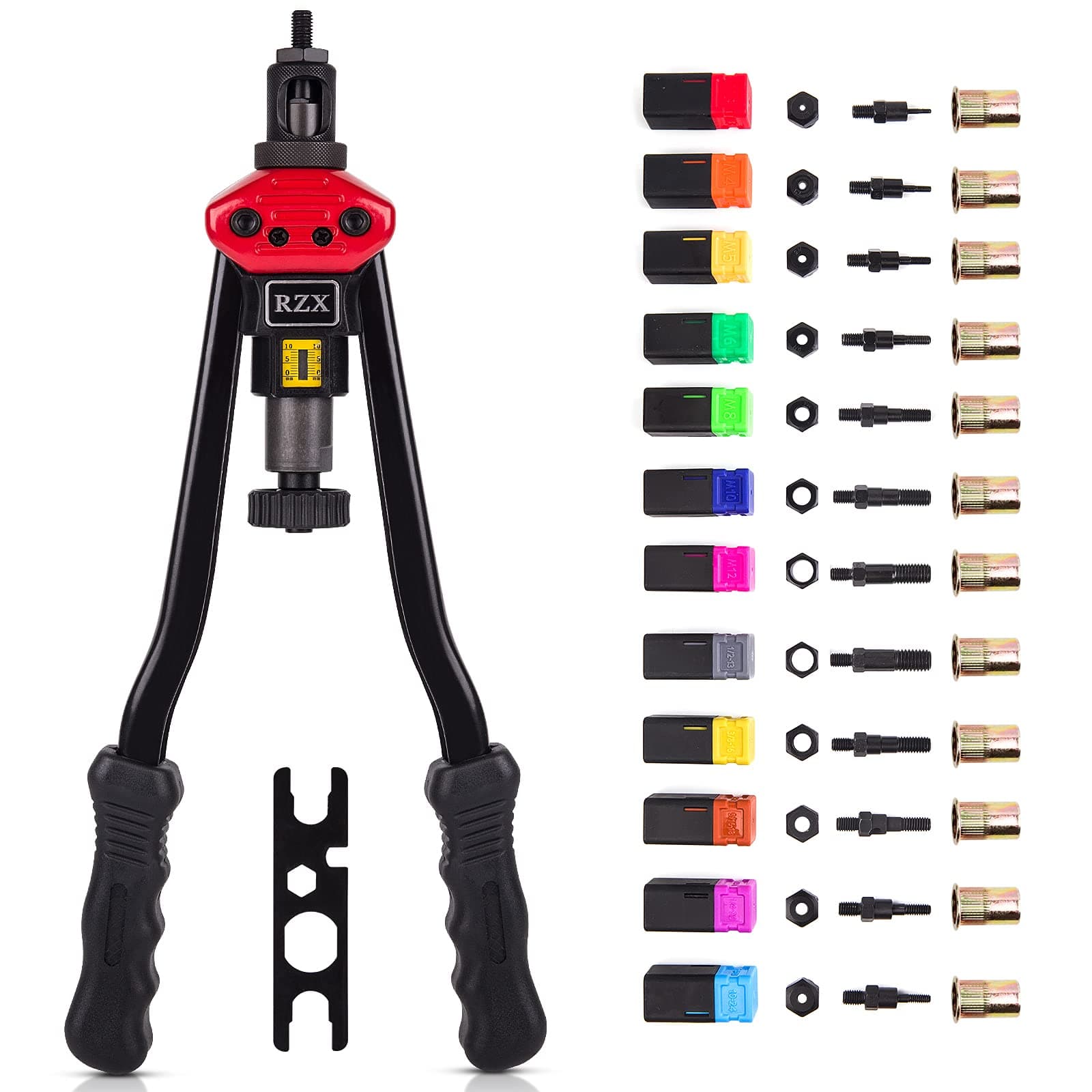 16" Rivet NUT Tool Hand Blind Riveter,RIVNUT Riveting Tools with Nut Setting System Totally 12mandrels M3 M4 M5,m6,m8,m10 M12, 10-24, 1/4-20, 5/16-18,3/8-16,1/2-13 +115PCS Rivets Nuts