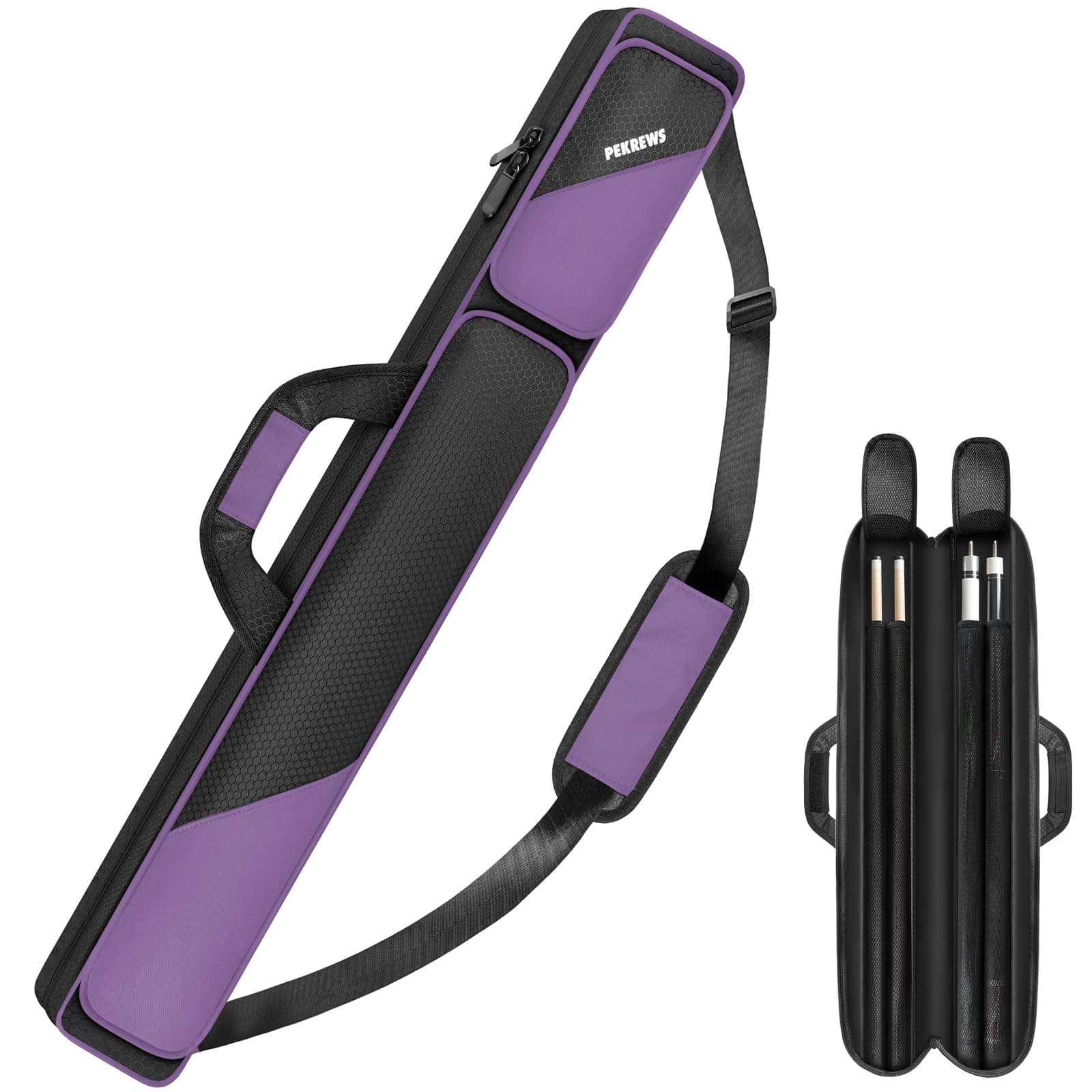 PEKREWS Pool Cue Case 2x2, Pool Stick Case Holds 2 Sticks with 2 Accessory Zipper Pockets, Sturdy Polyester Pool Cue Carry Bag with Shoulder Strap Handle, Soft Billiard Cue Backpack for Men and Women