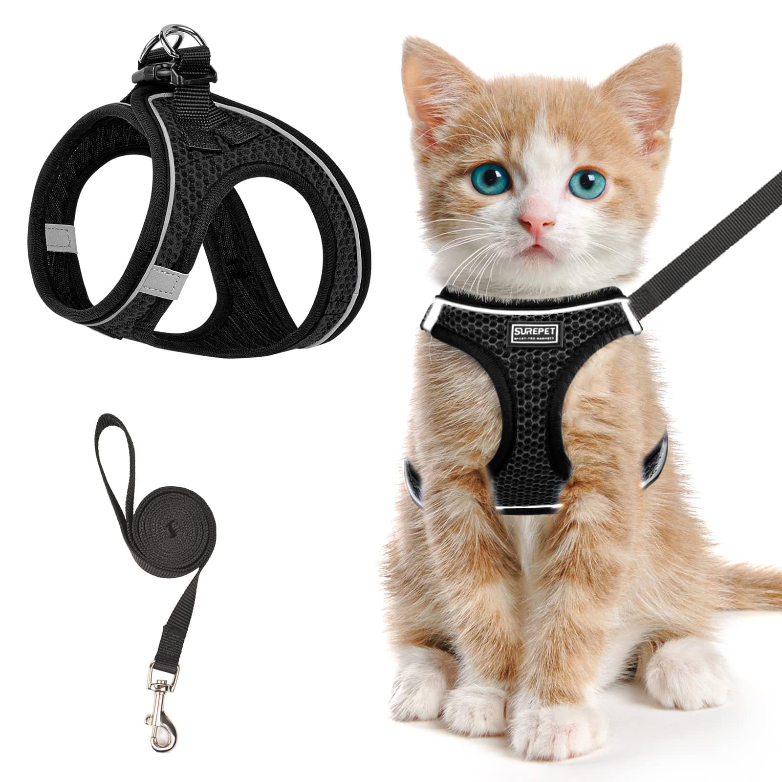 - Cat Harness and Leash for Walking Escape Proof, Adjustable Kitten Vest Harness Reflective Soft Mesh Puppy Harness for Outdoor, Comfort Fit, Easy to Control (Black, S)