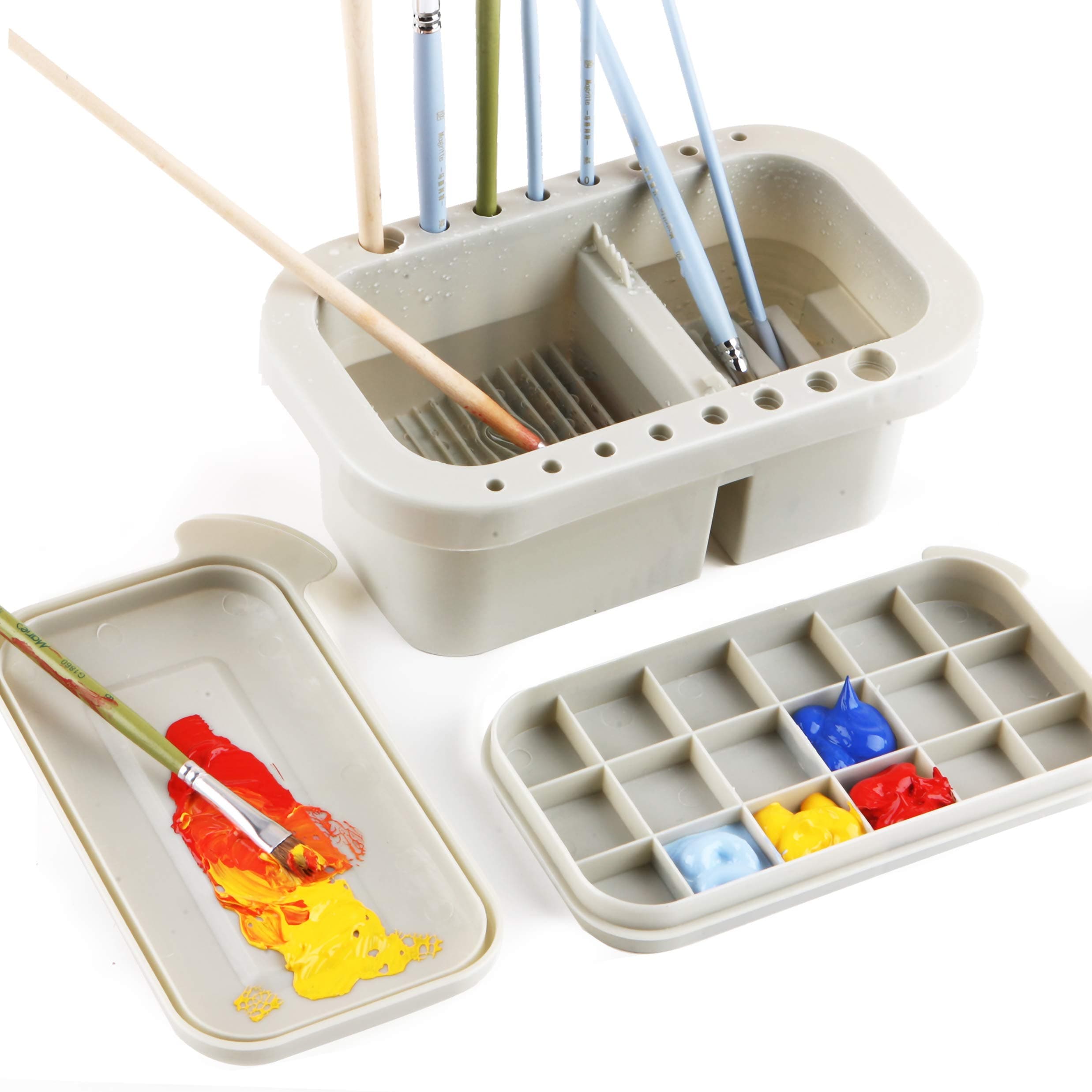 Multi-Use Paint Brush Basin with Brushes Holder,Washer,Trays,Palette Box-Artist Cleaner Cup for Watercolor Oil Acrylic Gouache Painting with Lid