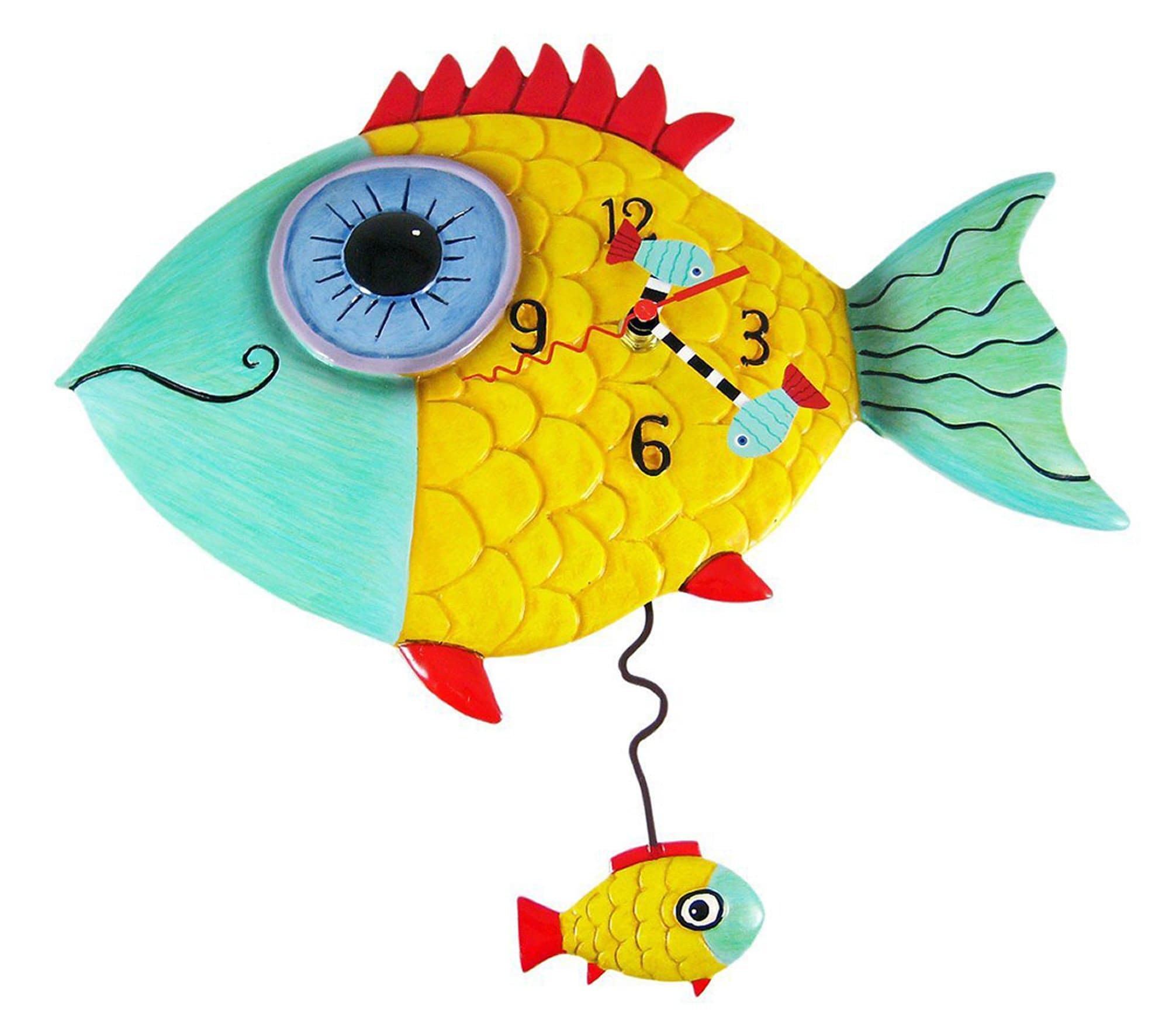 Allen Designs Wide-Eyed Fishy Wall Clock with Red Fin Fish Pendulum, 14" x 12", Requires 1 AA Battery, For Kids