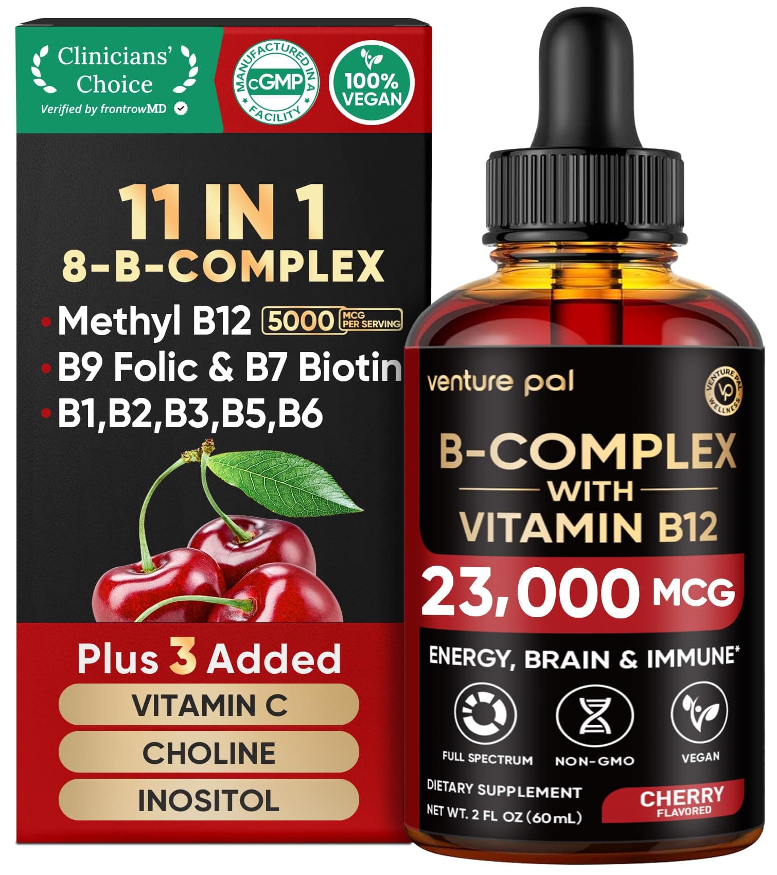 Venture Pal Vitamin B Complex Liquid Drops, B12 Methylcobalamin | B9 Folic | B1,B2,B3,B5,B6,B14 - Vitamin C, Choline, Inositol, Immune & Energy Metabolism, Brain & Heart Support