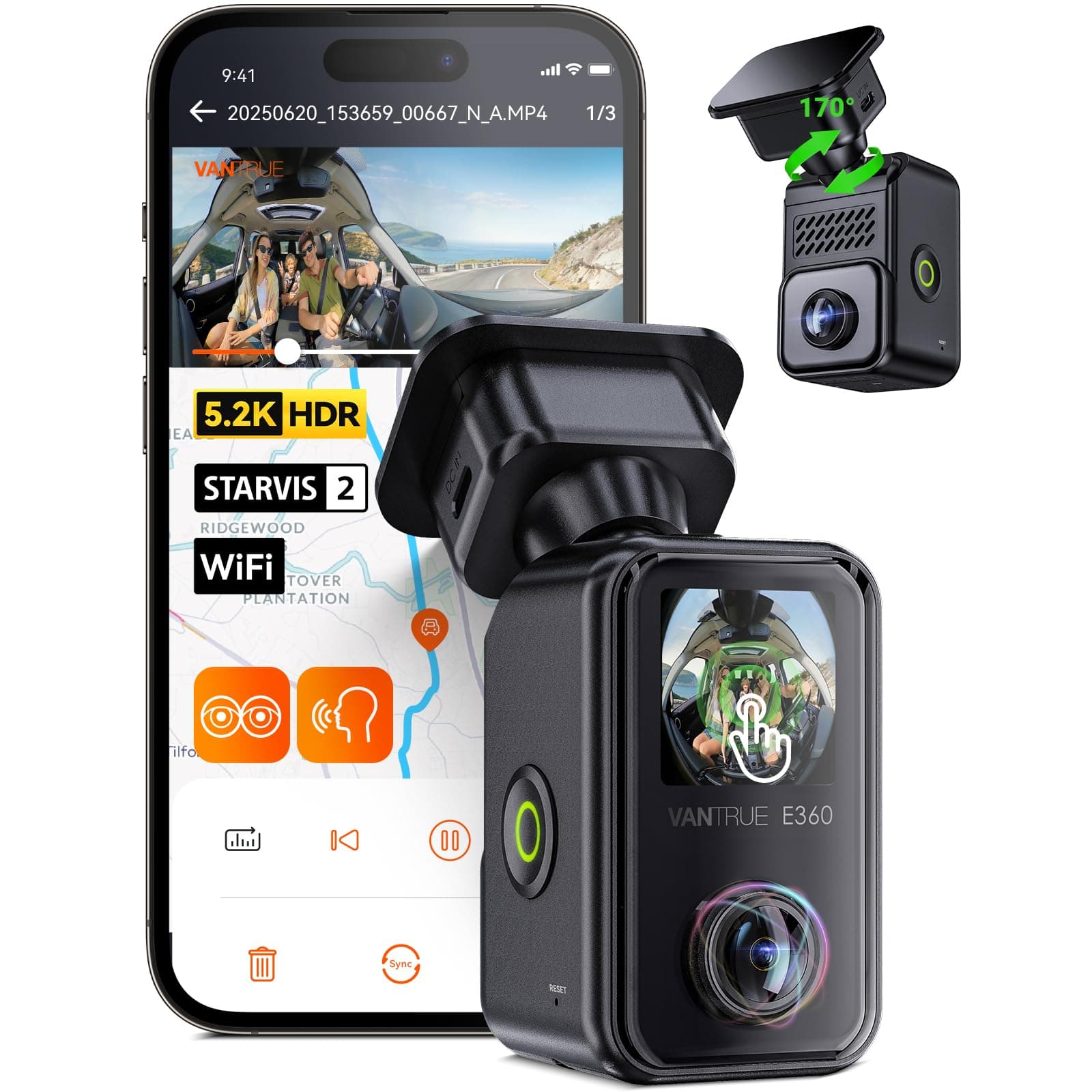 Vantrue E360 ACE 5.2K 360° Panoramic WiFi Dash Cam, Handheld Action Camera, STARVIS 2, HDR, IR Night Vision, Front Rear Inside Dashcam, Voice Control, GPS, 24/7 Parking Mode, Support 512GB Max