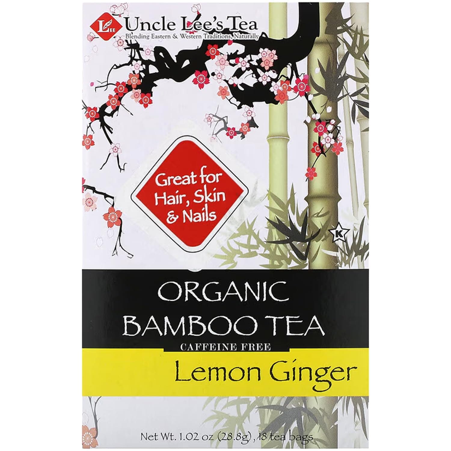 Uncle Lee's Organic Tea, Bamboo Lemon Ginger – Delicate & Refreshing Brew, Naturally Caffeine Free, Great for Hair, Skin & Nails, 18 Tea Bags