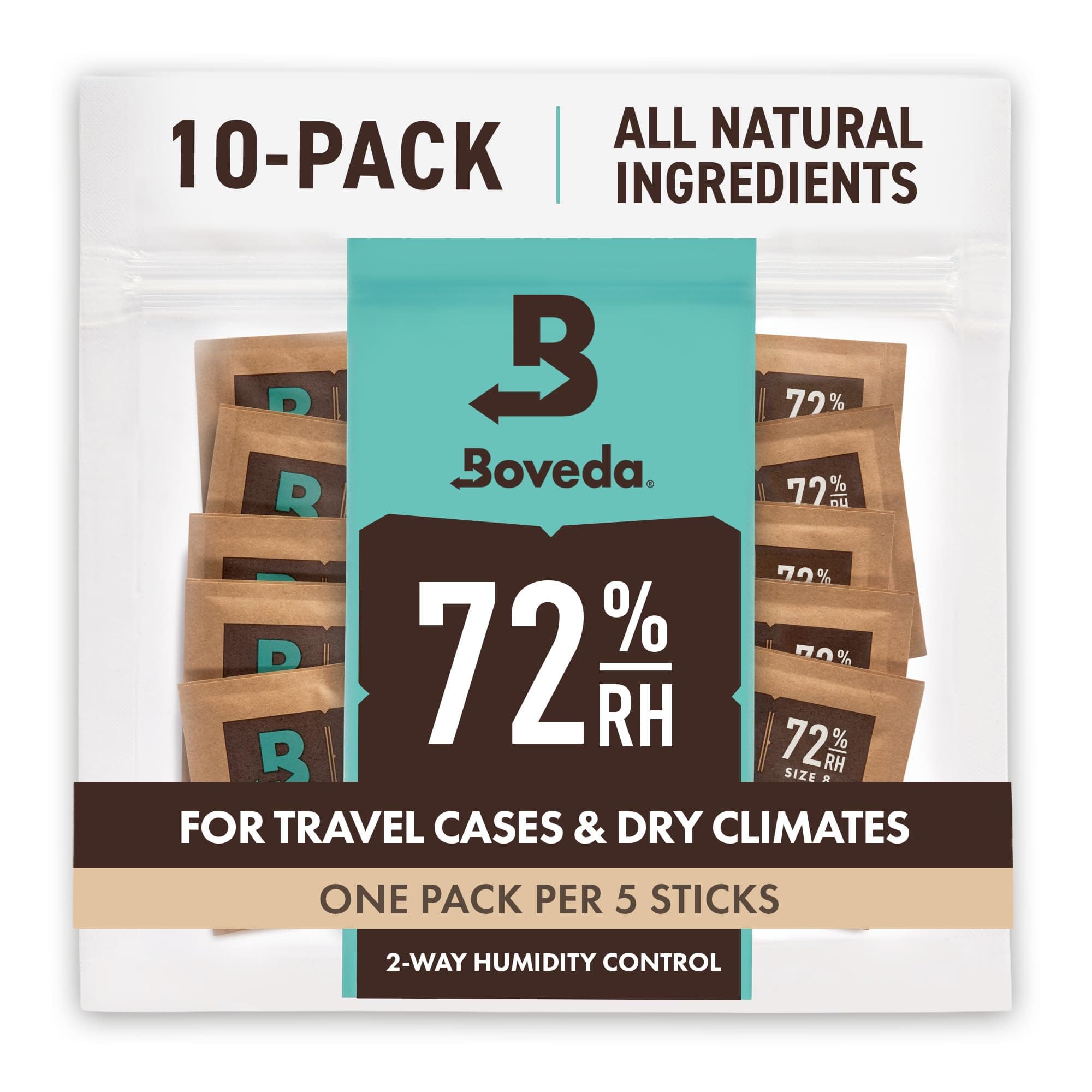Boveda 72% Two-Way Humidity Control Packs for Storing Up to 5 Items – Size 8 – 10 Pack – for Small Wood & Leather Travel Cases – Moisture Absorbers – Humidifier Packs in Resealable Bag