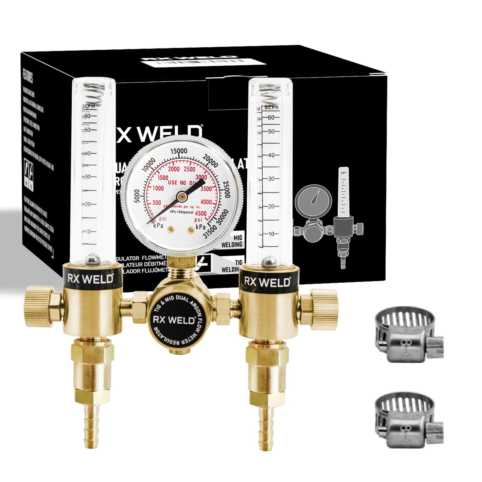 RX WELD Dual Output Argon Regulator Flow Meter Mig Tig 0-60CFH CGA580 Inlet 5/"8 UNF-18RH Outlet