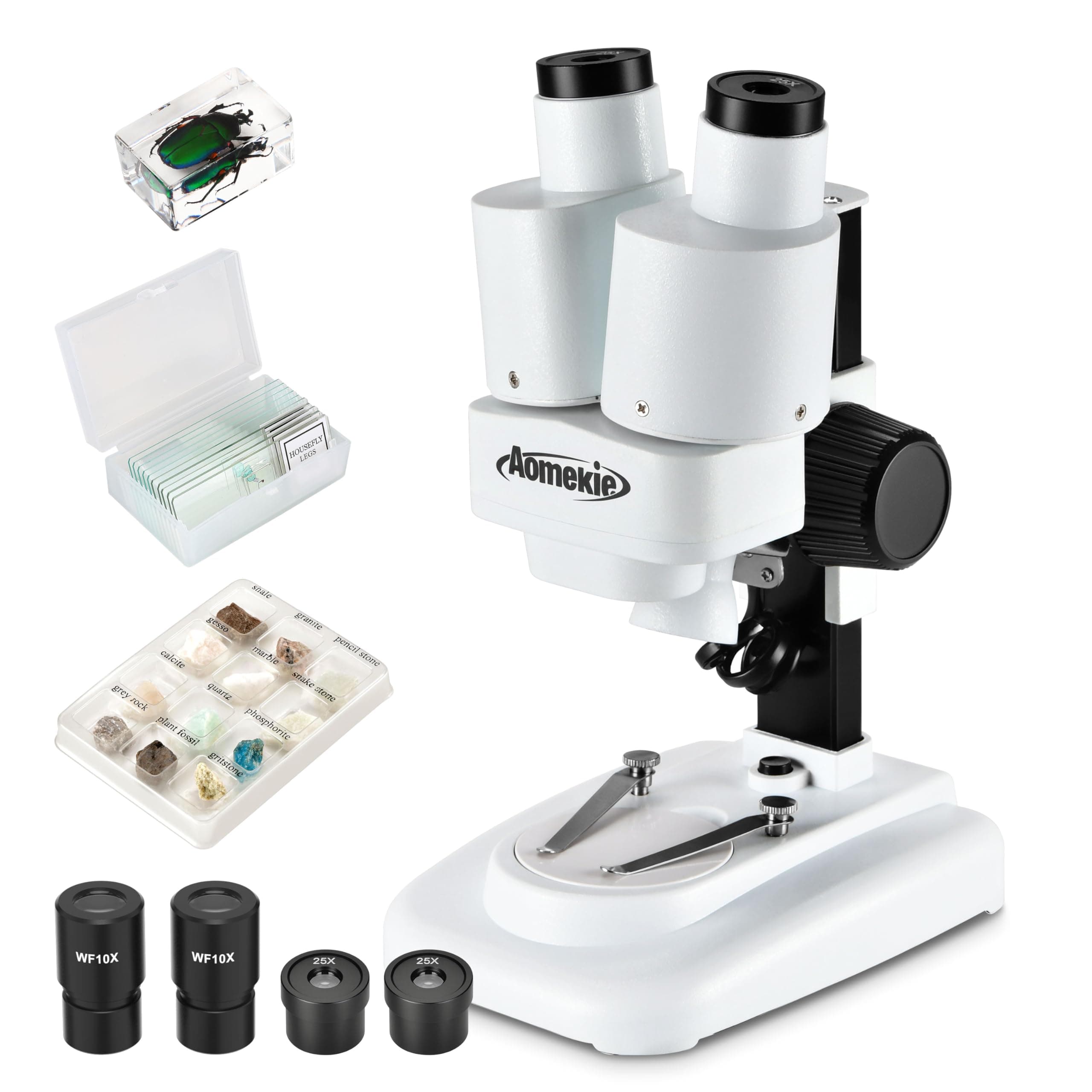 – Aomekie 20X/50X Magnifications Stereo Microscope with WF eyepieces for Students and Adults Portable LED Microscope with 10Pcs Slides Insect Specimen 12Pcs mineral specimens