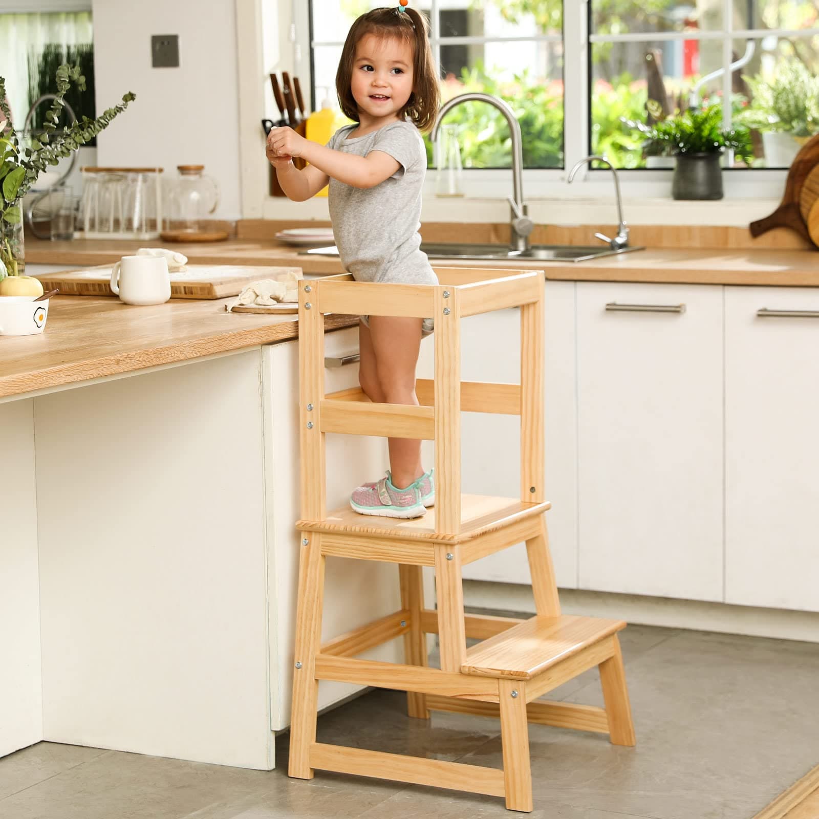 Kids Kitchen Step Stool for Kids with Safety Rail,Solid Wood Construction Toddler Learning Stool, Montessori Toddlers Kitchen Stool Tower(Natural)