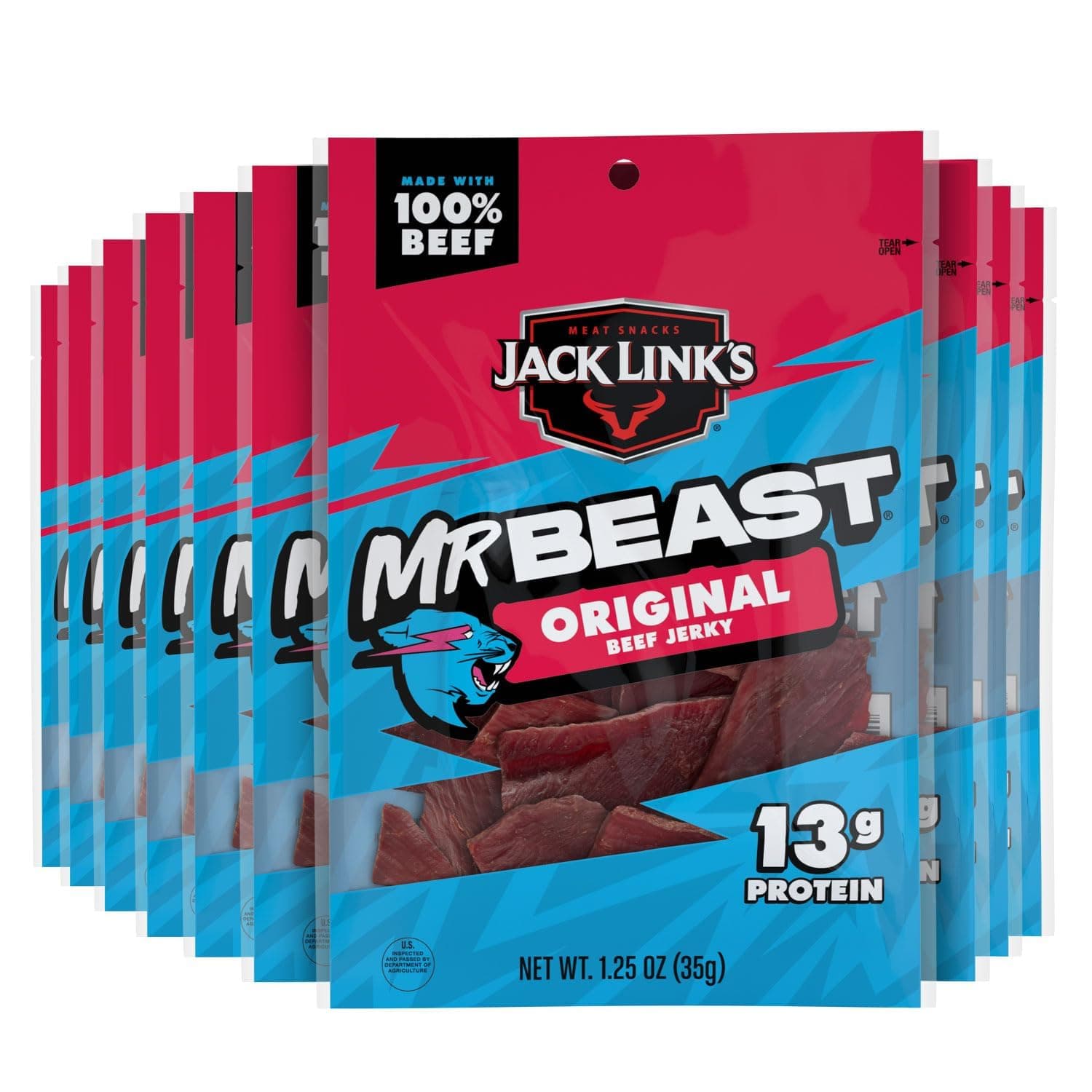 Jack Link's x MrBeast Original Beef Jerky - (10 Pack) 1.25 oz Bags - Ready to Eat Protein Snacks - 13g Protein per Serving - Made with 100% Real Beef