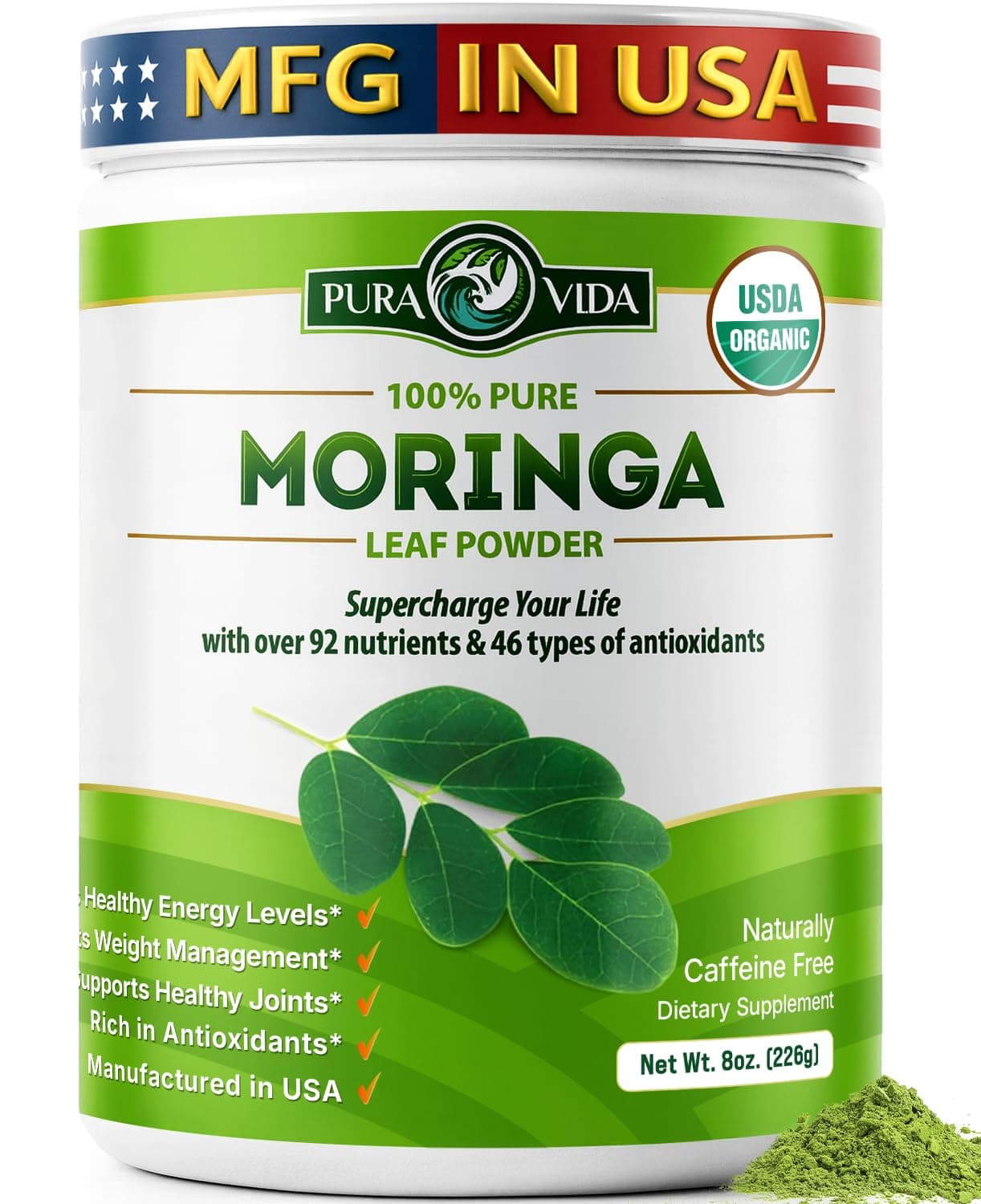 Organic Moringa Powder, Premium 100% Leaf Powder Single Origin - USDA Organic Moringa Oleifera Leaf, Perfect for Smoothies & Recipes, 8 oz