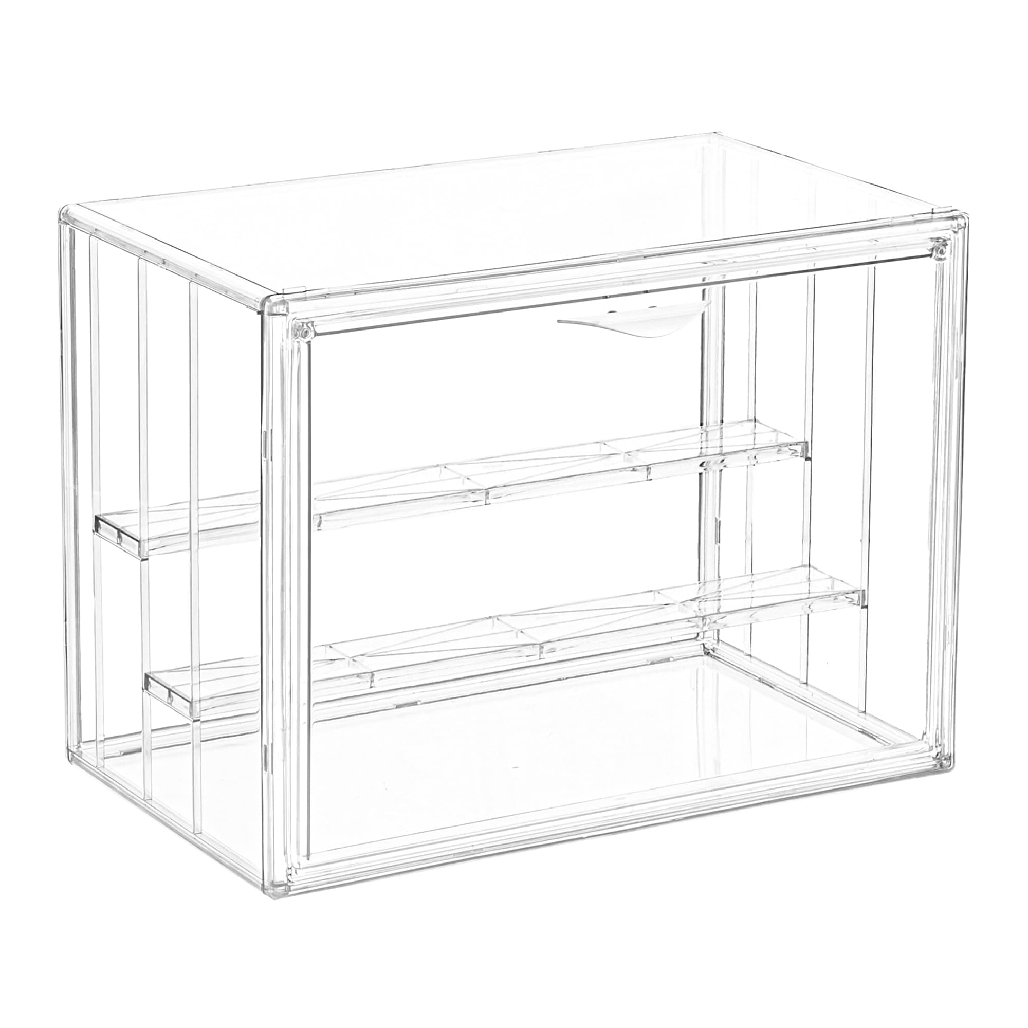 Attelite Clear Acrylic Display Case,3 Tier Display Shelf with 2 Movable Plate, Stackable Protection Showcase for Action Figures, Display Storage Box Countertop with Magnetic Door